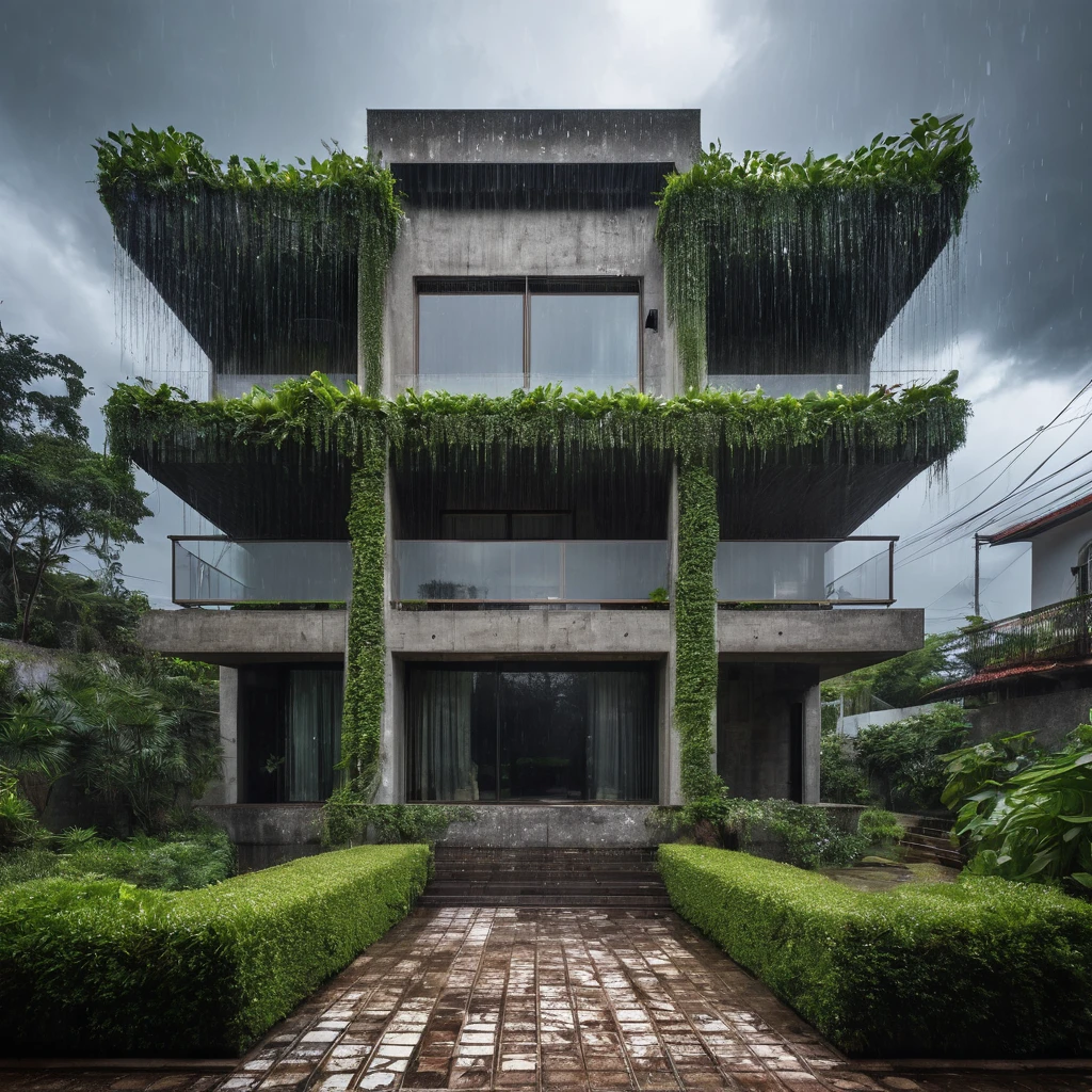 RAW image, taken on a Canon EOS R3, DSLR photo ultra detailed, realistic This imposing four-story brutalist house stands majestically amidst the rainy and thunderstorm scene. Sua arquitetura robusta e angular contrasta com a atmosfera tempestuosa ao redor, creating an imposing and intriguing presence.
The balconies on each floor are supported by Ionic columns, reminiscent of the pharaonic style, that add a monumental quality to the facade of the house. Essas colunas, esculpidas em concreto, stand like silent guardians, giving an aura of grandeur and mystery to the building.
Each balcony is adorned with lush climbing plants, that snake through the columns and intertwine into a verdant cascade. Apesar da chuva torrencial, as plantas parecem florescer com vigor, adding a touch of life and freshness to the harsh and raw environment.
in front of the house, a serene lake reflects the dark clouds that hang in the sky, criando uma paisagem desoladora e misteriosa. The lake water has a slightly cloudy appearance, and aquatic plants gently undulate on the surface, acrescentando um elemento de tranquilidade e beleza natural ao ambiente sombrio.
O som das trovoadas ressoa no ar, creating an atmosphere charged with electricity and mystery. Raindrops hit the concrete of the house hard, while lightning tears the sky, iluminando brevemente a paisagem noturna.
despite adverse weather conditions, the brutalist house stands as a beacon of solidity and resistance. Its imposing presence and austere beauty stand out even more amidst the storm, evoking a sense of awe and reverence at the strength of nature and human ability to create structures that stand the test of time and the elements.
