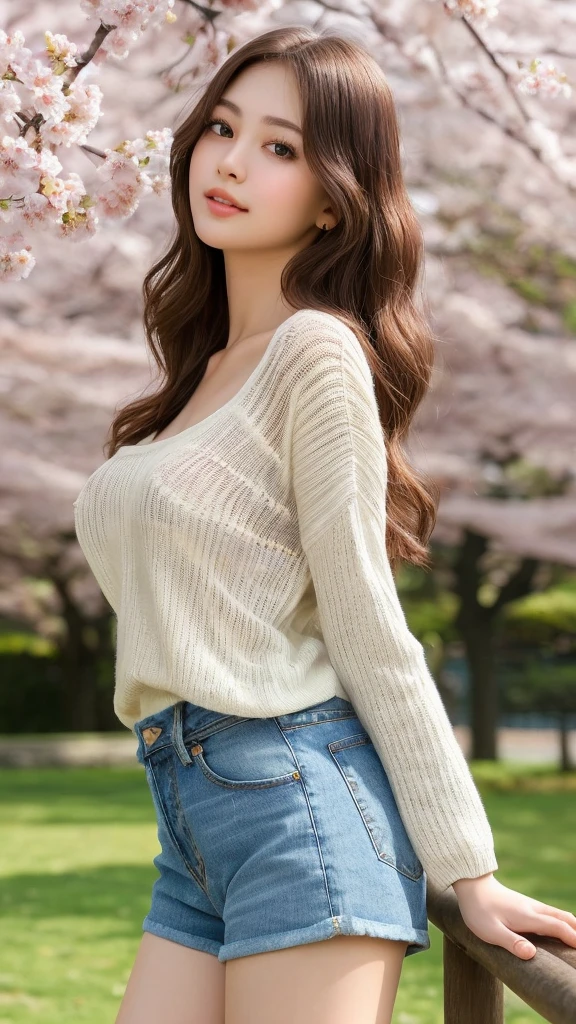 Tall girl standing in the park, Soak up the peaceful atmosphere, Captured in ultra-detail、Full body shot photo, Angle of view from below、oil painting style image. She is very beautiful, highly detailed eyes, Luscious eyelashes, stare quietly into the distance, Reflects a calm and contented expression, Her plump breasts, perfectly formed lips, incredibly detailed, Gently curve into a small smile, Wearing a sheer knit sweater、wearing denim shorts、long legs、Complex texture, Her long curls flow around her shoulders、Surrounding Japanese cherry blossoms and soft wood々blends into, HDR lighting, The scene is filled with faint things, The soothing sounds of birds chirping nearby、