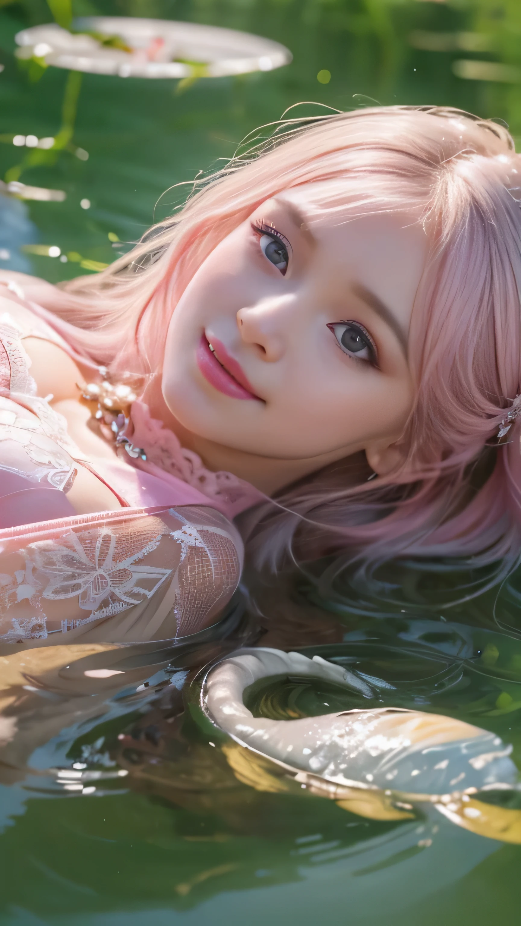 Woman Lying in the Pond by Monet、((Translucent pink lace long dress))、1 girl, striped hair, blonde hair, one side up, shiny hair, wet hair, long hair, many, Depth of the bounds written, spark of light, letterbox, one person&#39;s perspective, Lens flare, f/1.8, 135mm, canon, wide angle,   table top, anatomically correct, rough skin, Super detailed, advanced details, high quality, 最high quality, High resolution, 1080p, hard disk、enchanting smile, shine, surrealism, modern.（well-shaped chest,)、((sexy pose)))、(camel toe), very beautiful breasts、grab your chest with both hands、shiny skin。realistic、Photoreal:1.37)、(K-POPアイドル)、medium hair、(pink blush)、(illuminate)、(alone)、dynamic pose、((nipple))、(puffy eyes:1.２)、 (slim legs)、erotic、very detailed ambient occlusion、超A high resolution, Super realistic, very detailed,  ((she is wet)).Skunk cabbage flower、Summer afternoon、