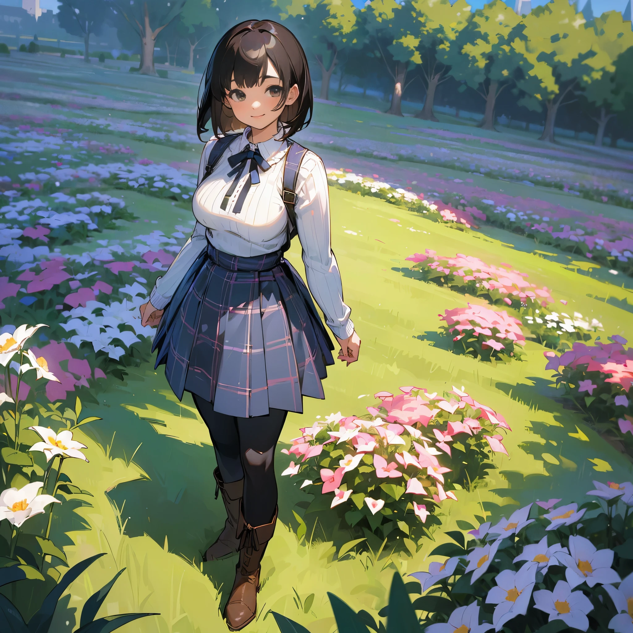 (high quality, High resolution, Super detailed, reality:1.37), peaceful atmosphere, (outdoor, garden ,flower),  girl standing alone, (my breasts are big.), Beautiful detail features, cute smile, (black bob hair), ribbed sweater, blue plaid skirt, black tights, brown boots.