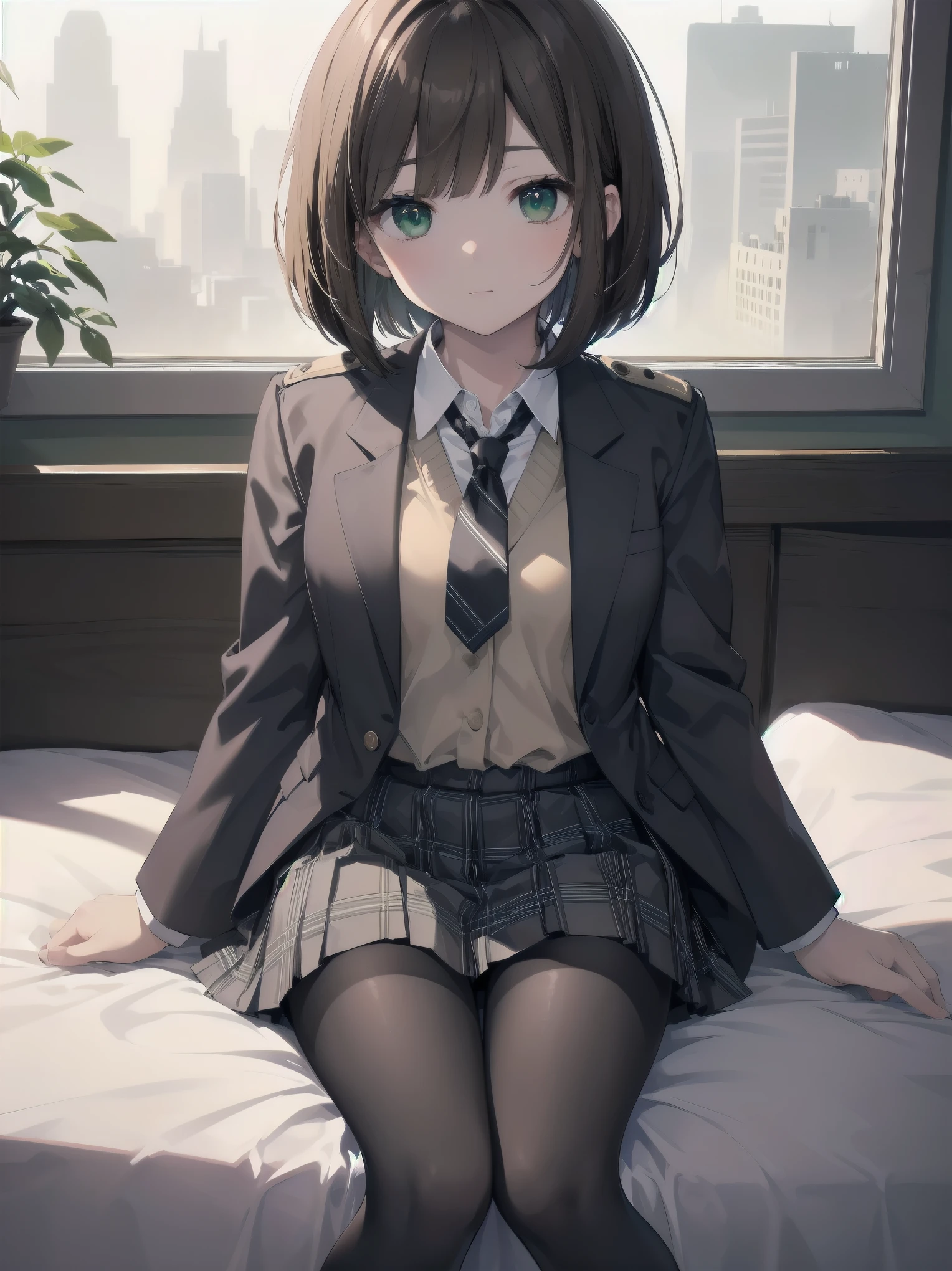 Top-High quality、Highest image quality、masterpiece、high contrast、Vulgarity、high school girl、on the bed、brown hair、bob cut、uniform、(brown blazer)、ribbon tie、(Green and gray plaid skirt)、(black tights)、cinematic lighting、fine shading