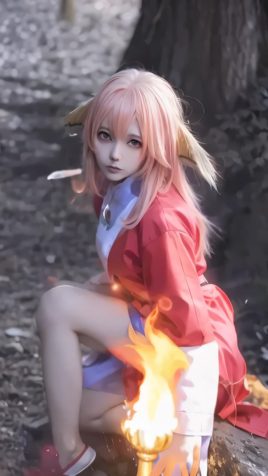 Anime style girl in red and blue clothes squatting on a rock, anime cosplay, Anime Girls Cosplay, ayaka cosplay, surreal anime, Realistic animation, real life anime girls, professional role play, 3D animation realistic, Ono City, Appearing as the Fire Goddess, Fox fairy holding a torch, fox and bush, return, full role play