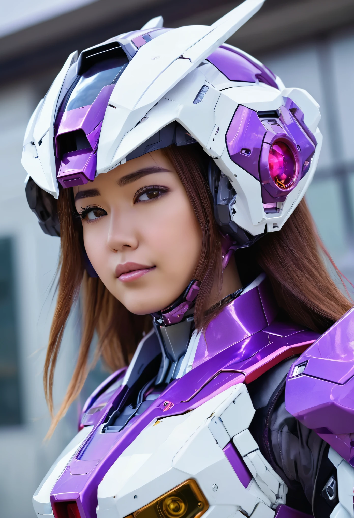 RAW, Masterpiece, Ultra Fine Photo,, Best Quality, Ultra High Resolution, Photorealistic, Sunlight, Full Body Portrait, Stunningly Beautiful,, Dynamic Poses, Delicate Face, wearing a mecha helmet future transparent neon, Vibrant Eyes, a full body of a woman in a purple and white gundam custume, dybamic pose, pny tail long brown very very long hair rapunzel, girl in mecha cyber armor, portrait armored astronaut girl, d. va from overwatch, female mecha, on a gundam, gundam head, chiho aoshima color scheme, mobile suit, streamlined purple armor, fully robotic!! girl, realistic cosplay, gundam armor (dynamic pose) (best cameraview), full body, sit down, full body
