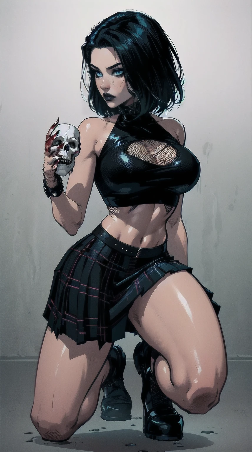 a woman with short black hair, hair on shoulders,  wearing a black cropped  and plaid skirt, blue eyes, zombie art, gothic art, cute aesthetic with vibe, toon aesthetic, wearing red costume, wearing gothic accessories, look like Cassie Hack, whole body, on his knees  ,on his knees holding a skull in his hand, white background