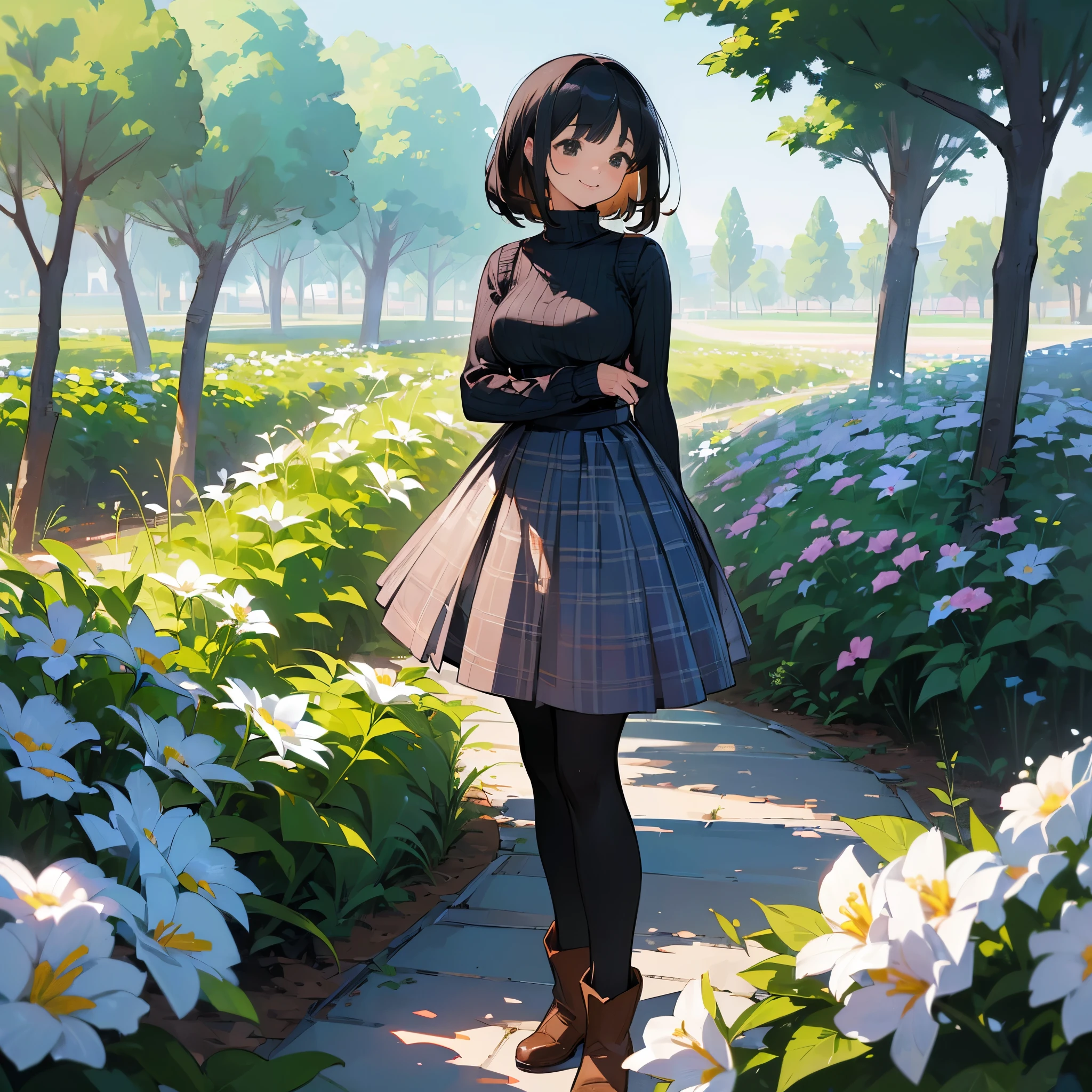 (high quality, High resolution, Super detailed, reality:1.37), peaceful atmosphere, (outdoor, garden ,flower),  girl standing alone, (my breasts are big.), Beautiful detail features, cute smile, (black bob hair), ribbed sweater, blue plaid skirt, black tights, brown boots.