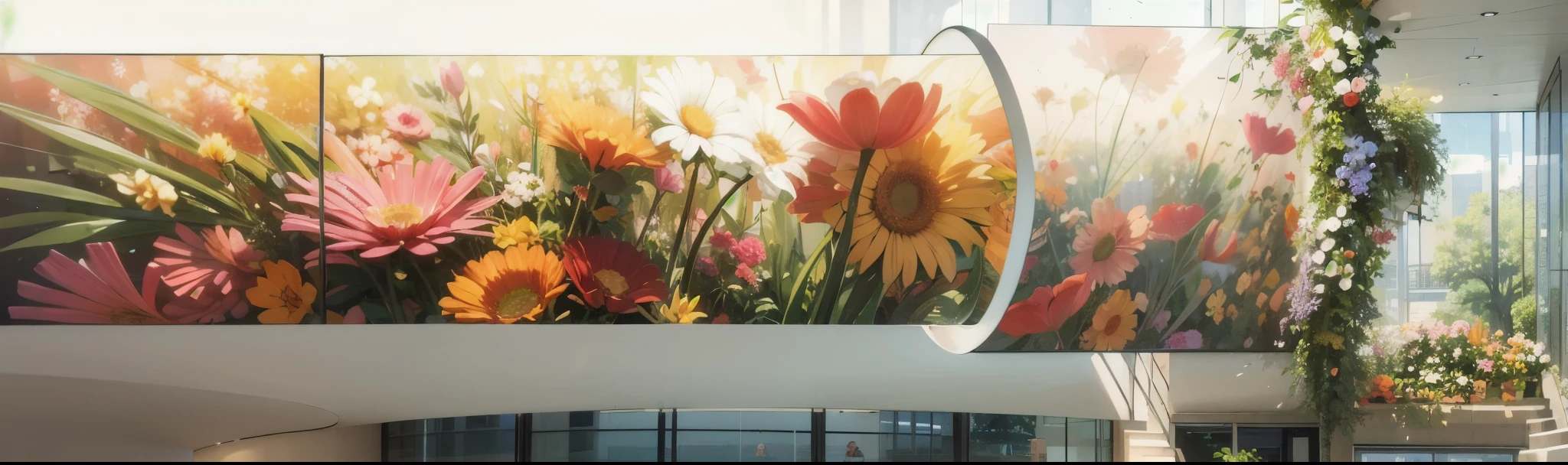 Large curved LED screen hanging on the wall of an office building displaying colourful flowers against the background of a white modern interior with glass windows and plants, Ambience, Including, Nature, This was taken using a Canon camera, Photo Style Showing Ultra High Resolution. , This was taken with a Canon camera. , The photo style shows super high resolution. HD Quality, High Detail, Very Detailed, Beautiful, Architectural Shot, Surrealism, Unreal Engine 5