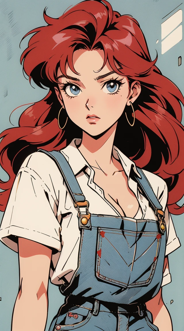 anime girl, 90s anime, vintage classic anime aesthetic, pink overalls, white shirt, short overalls, long red hair, cleavage, dinamic poses