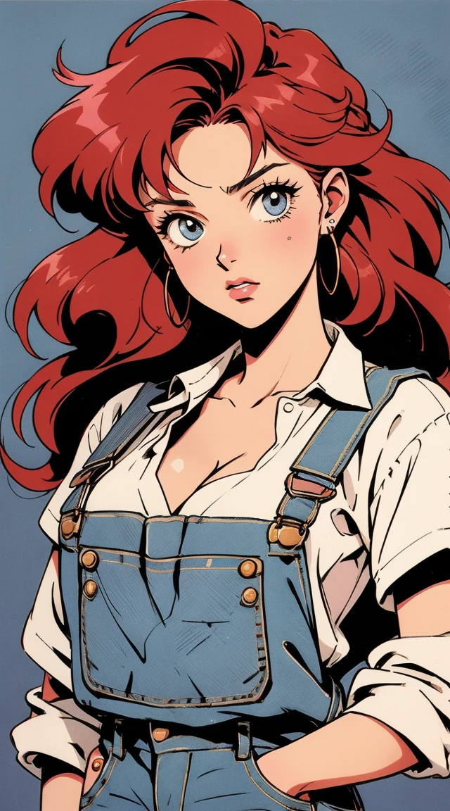 anime girl, 90s anime, vintage classic anime aesthetic, pink overalls, white shirt, short overalls, long red hair, cleavage, dinamic poses
