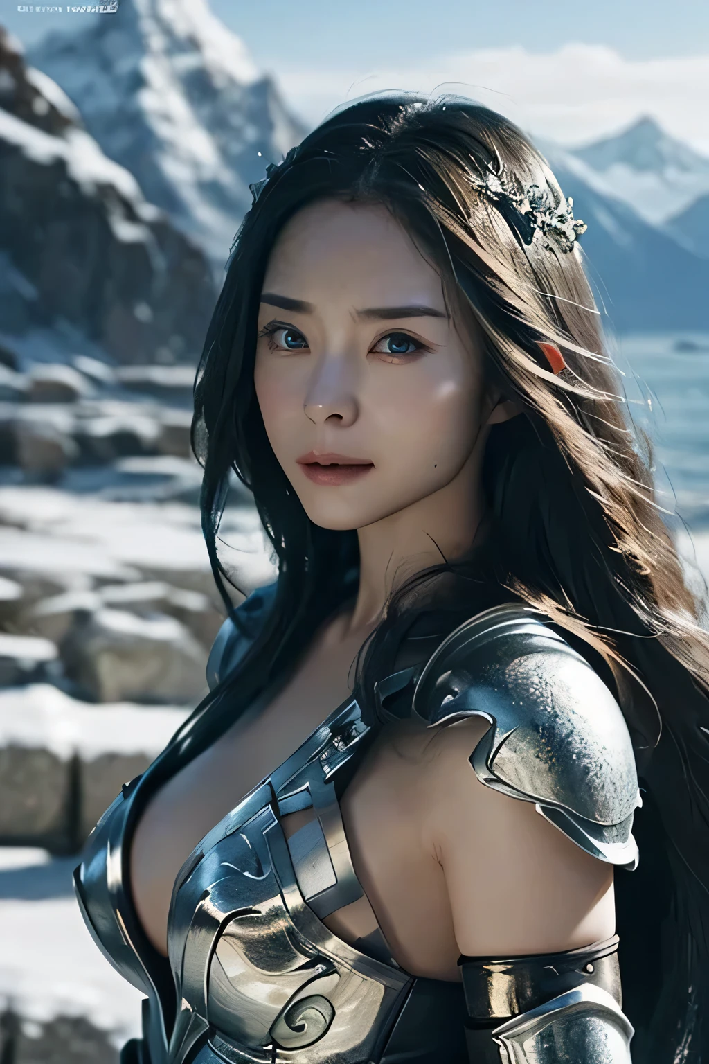 8K、Big breasts super detailed、masterpiece、highest quality、(very detailed)、dynamic angle、mysterious look、Wind effect、fantasy background、rim lighting、cinematic light、超A high resolution、8k uh、film grain、best shadow、delicate、born、particles of light、fine skin texture、Detailed armor texture、detailed face、Complex details、super detailed、shine、strong fraud、silver armor、(holding a weapon)、Slashing、Slashing Action、big and full breasts,Scapula、shining eyes、 long cloak、fantasy、(born)、shoulder armor、Complex、Complex、perfect lighting、looking at the viewer、movie lighting、flying in the sky、Flight、holy light、wonderful、bangs、the wind is strong、frozen mountain々々、long wavy white hair、lich queen,Sexy,attractive,short bob,Chest armor with detailed decoration,