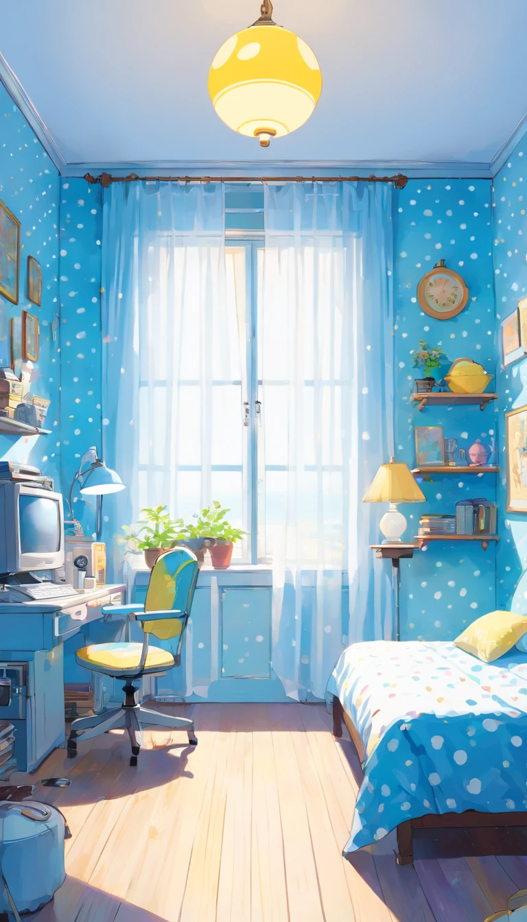 cute room、computer、light bulb、window、Chair、curtain、retro、80s 80s Neon Colors、pastel colour、(((Blue and white room)))、Polka dot pattern、lemon、80'sパターン、Round pattern、、Dot pattern、light blue and white