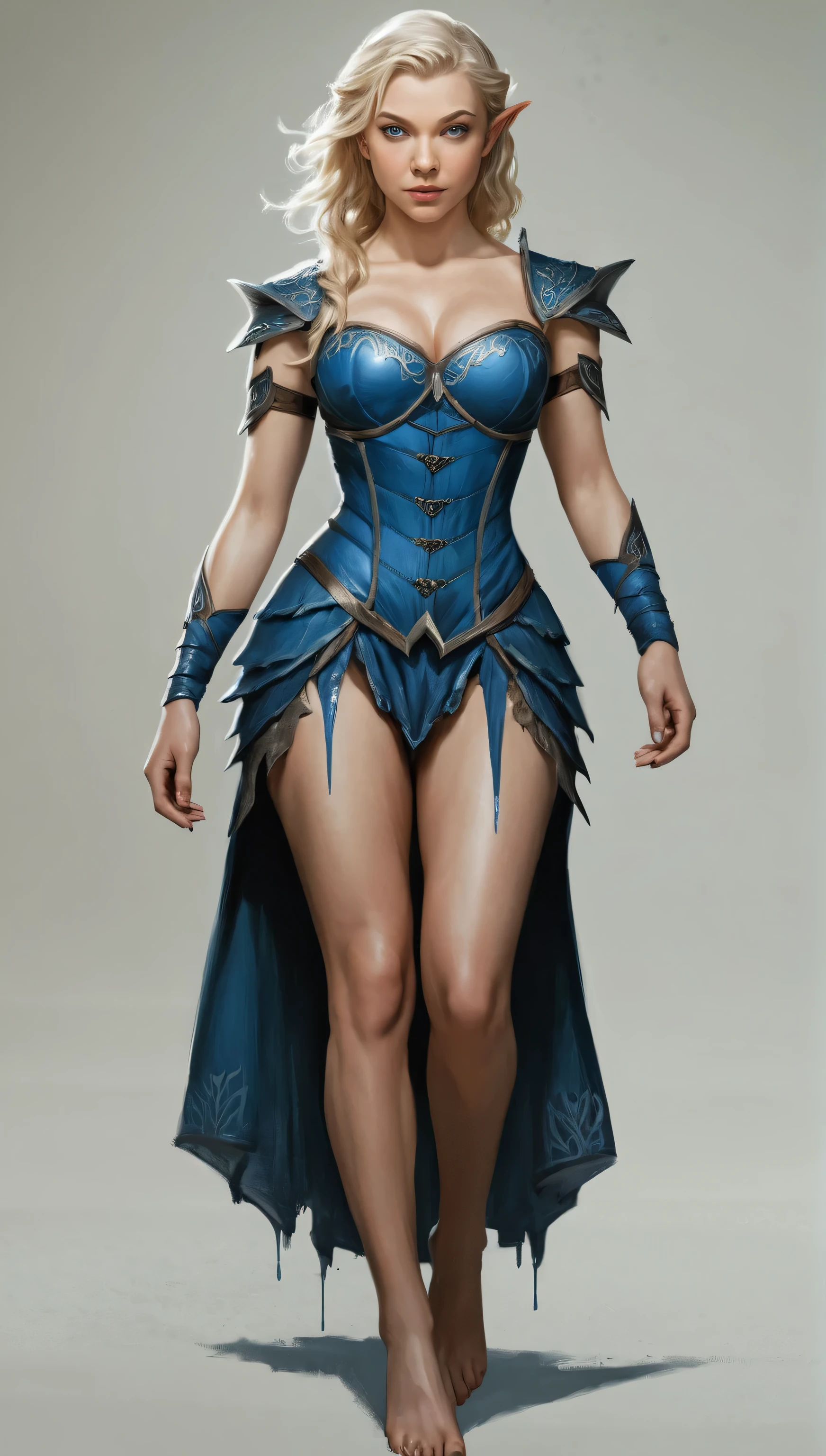 An illustrated movie poster, hand-drawn, full color, a teenage elven girl, wearing a corset dress, resembles Natalie Dormer, sun-tanned complexion, very tall, athletic body, hourglass figure, curvy, slightly chubby, bottom-heavy, generous hips, massive bubble-butt, long legs, ridiculously thick powerful thighs, azure blue eyes, long pointy elf ears, platinum blonde hair, long loose waves, posing on a pedestal, wet glistening skin, hard shadows, graphite shading, stencil marks, airbrushed acrylic paint, masterpiece, in the style of Skyrim