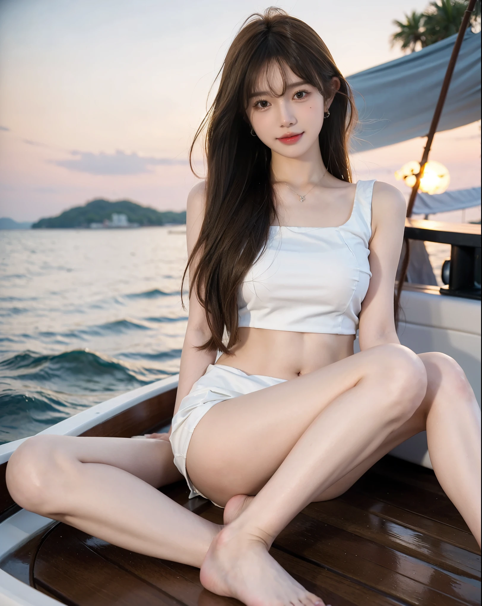 best quality, masterpiece, 1 girl, alone, ferry, long hair, ferryBase, Raise your legs high, huge ，bare shoulders, jewelry, sleeveless, white dress,bare legs, belly button，  barefoot, On a small boat, outdoor, wooden floor, standing, Sitting on the boat, 从whole body,barefoot , Smile, soft light, whole body,