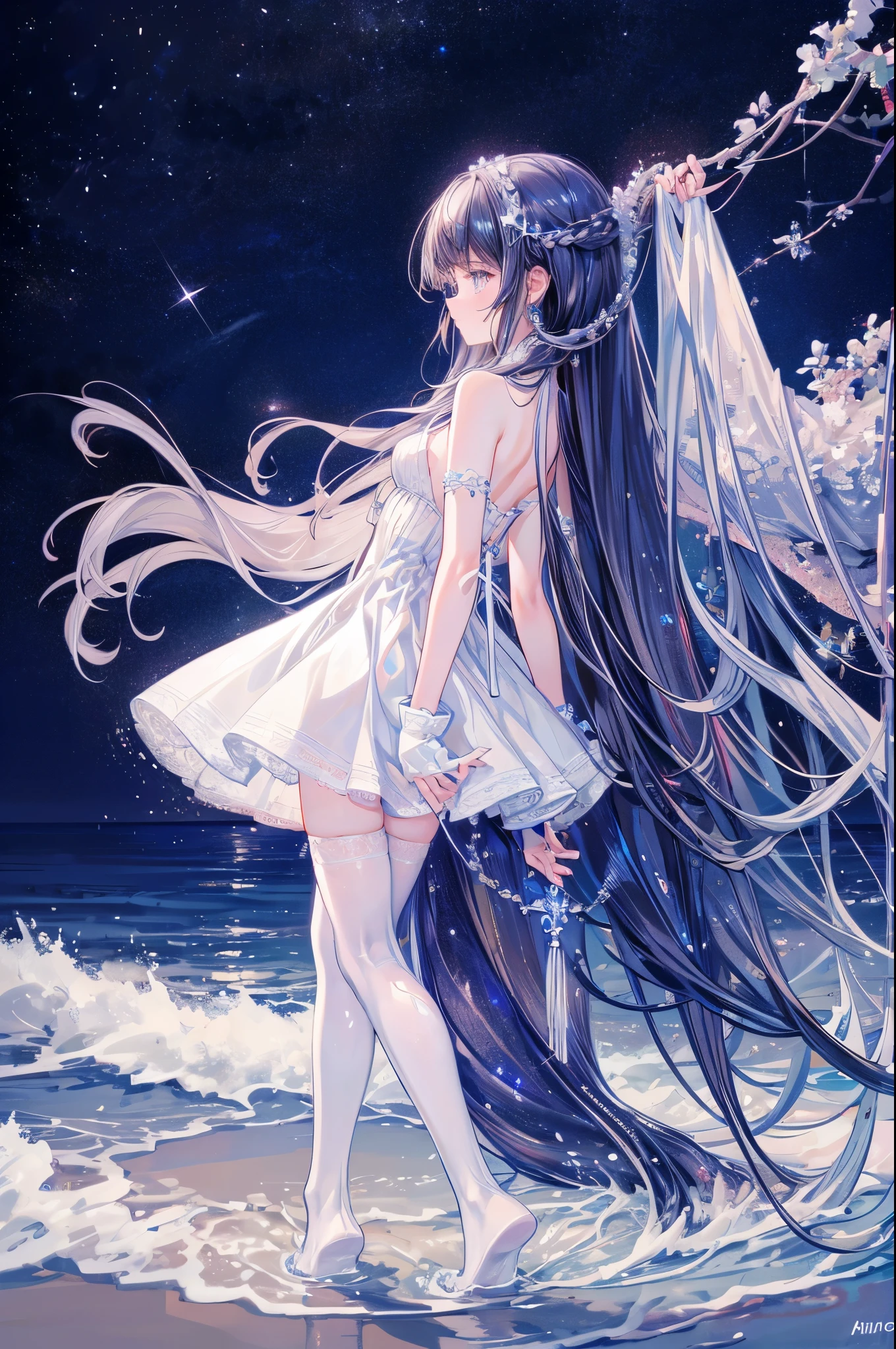 Masterpiece, Best quality, Night, stars, On the beach, Real, Realistic, incredibly_absurderes, the wallpaper, monochrome, traditional_Mediums, Girl, Long hair, Wavy hair, Small breasts, Revealing dress, white thighhighs, pendant, jewelry, Fingerless gloves, arms back behind ,