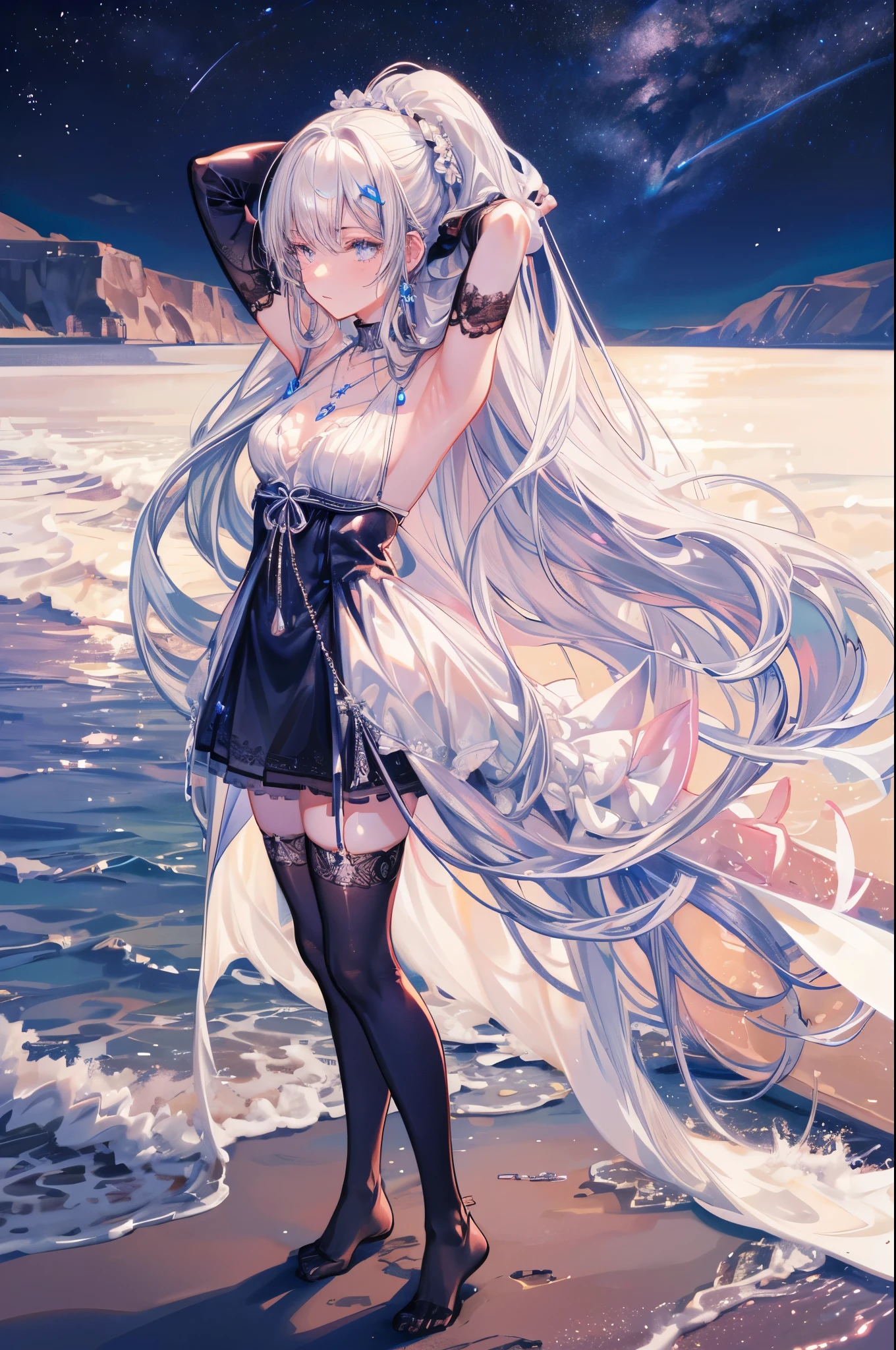 Masterpiece, Best quality, Night, stars, On the beach, Real, Realistic, incredibly_absurderes, the wallpaper, monochrome, traditional_Mediums, Girl, Long hair, Wavy hair, Small breasts, Revealing dress, white thighhighs, pendant, jewelry, Fingerless gloves, arms back behind ,