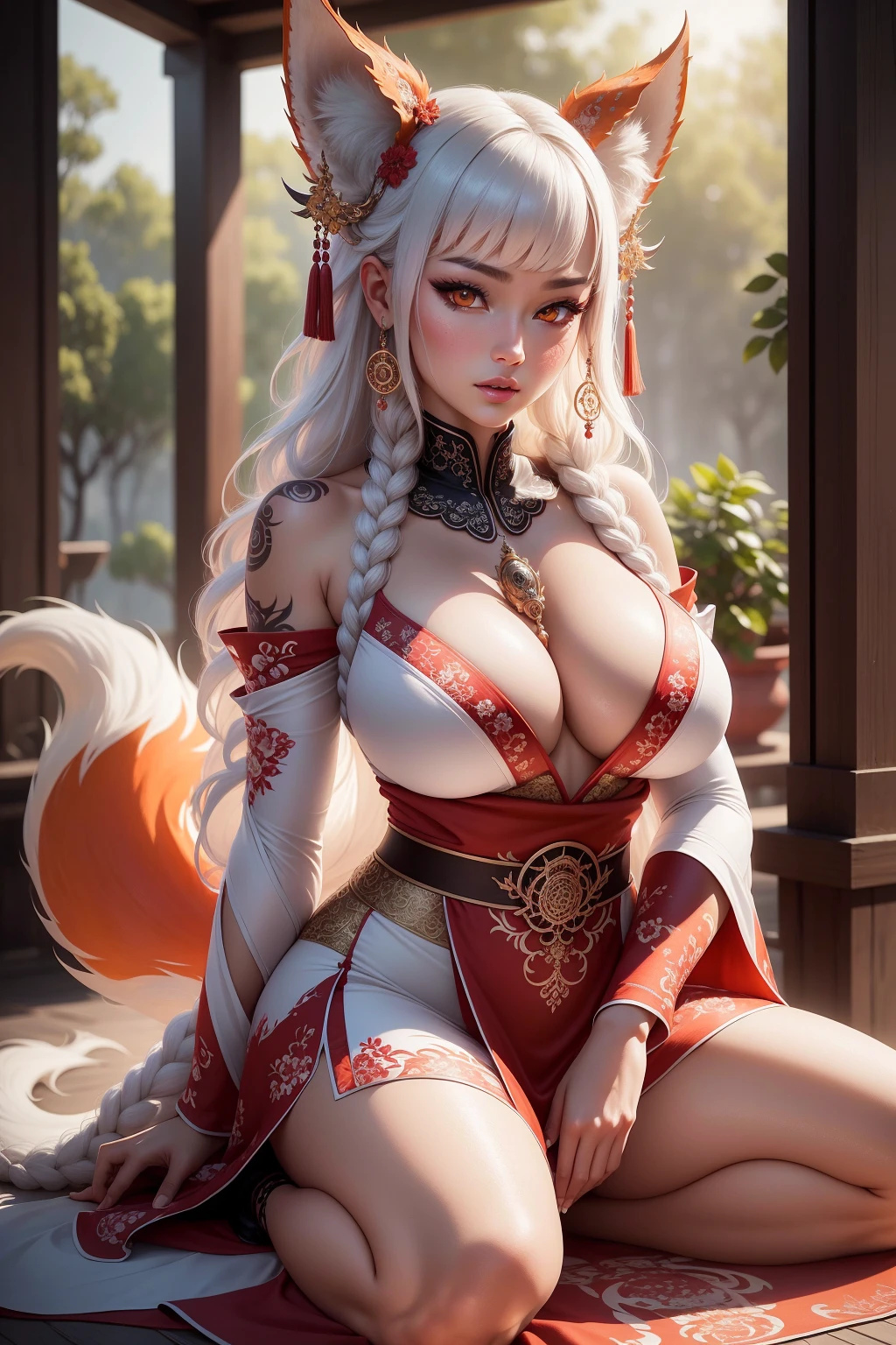REALISTIC VISION 1.4, BETTER VAE,sharp focus, ultra detail, 32k,realistic photo, intricate details, kitsune, intricate details ,woman, nine tails,intricate details,intricate details,big , Voluptuous body, intricate details, Miko,clothes long white dress with red details intricate details,tattoos intricate details,full body, orange eyes, sitting on the ground
