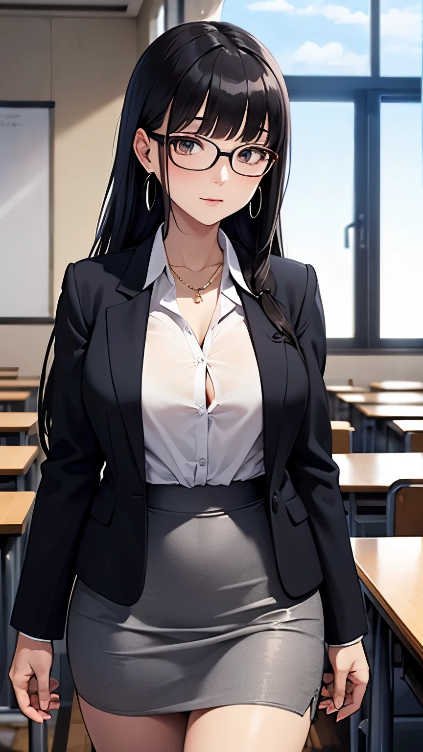 black hair, bangs, hair behind ear, very long hair, jewelry, earrings, masterpiece, textured skin, high details, best quality, Adult woman, high school teacher, wearing a jacket, dark blue suit, white blouse, tight skirt, woman, good figure, standing alone in the classroom, in class,eyeglass