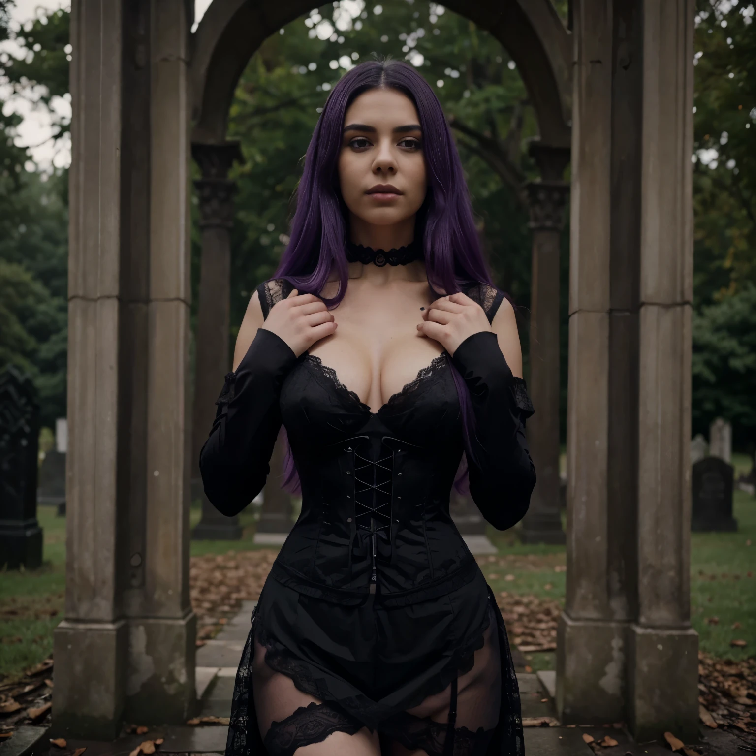 Cinematic film still, new gothic gal, young Latina, age 25, lace corset, black lace skirt, black lace choker  ((detailed face)), (detailed skin), moist, intricate details, shallow depth of field, background creepy victorian age cemetery, [volumetric fog], cinematic lighting, reflections, photographed on a Canon EOS R5, 35mm lens, F/2.8, HDR, 8k resolution, full body, bright purple hair, long hair, confident sexy pose, facing front, doing prayer hands