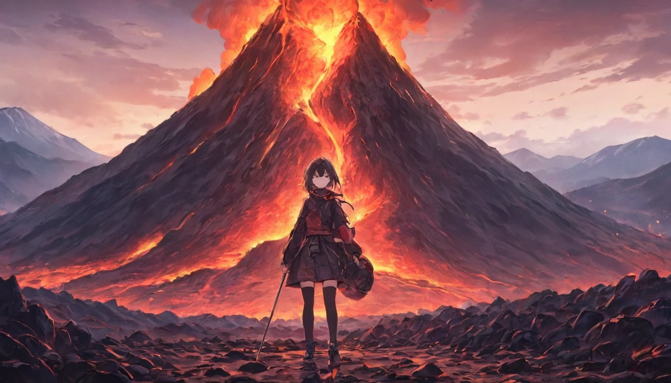 Anime girl standing in front of a mountain with lava and lava, 4k anime wallpaper, anime wallpaper 4 k, anime wallpaper 4k, anime style 4k, anime art wallpaper 4k, anime art wallpaper 4k, anime art wallpaper 8k, 4k manga wallpaper, anime wallpaper, anime background, anime wallpaper, epic anime artwork, hd anime wallpaper