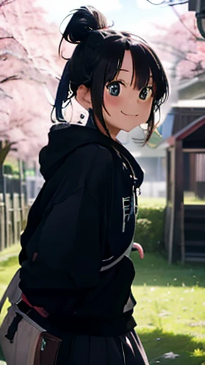 highest quality、realistic、Japanese、girl、zoom、look up、cute、Green eyes、ponytail、black hair、all back、Forehead is coming out、playground、long hoodie、long skirt、sneakers、stroll、Cherry blossom trees、joy、smilingly