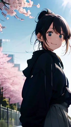 highest quality、realistic、Japanese、girl、zoom、look up、cute、Green eyes、ponytail、black hair、all back、Forehead is coming out、playground、long hoodie、long skirt、sneakers、stroll、Cherry blossom trees、joy、smilingly