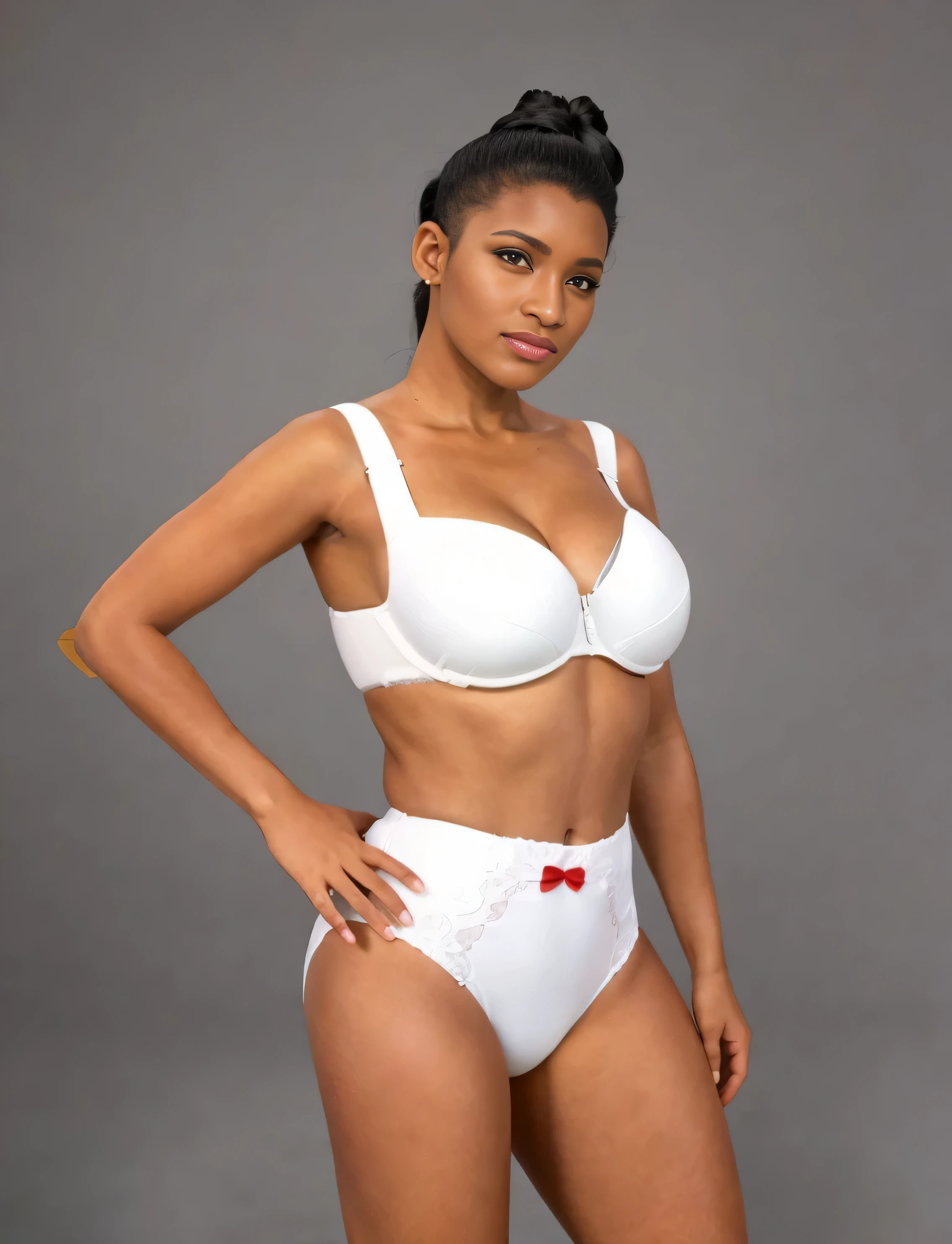 "A 35 year old, curvy Black woman with a long black ponytail, wearing a white bra and white cotton panties with a red bow. The artwork should be a masterpiece of the best quality, with a photo-realistic and detailed depiction. The lighting should be natural, highlighting her beautiful features. The colors should be vivid and the overall image should have sharp focus and extreme detail."