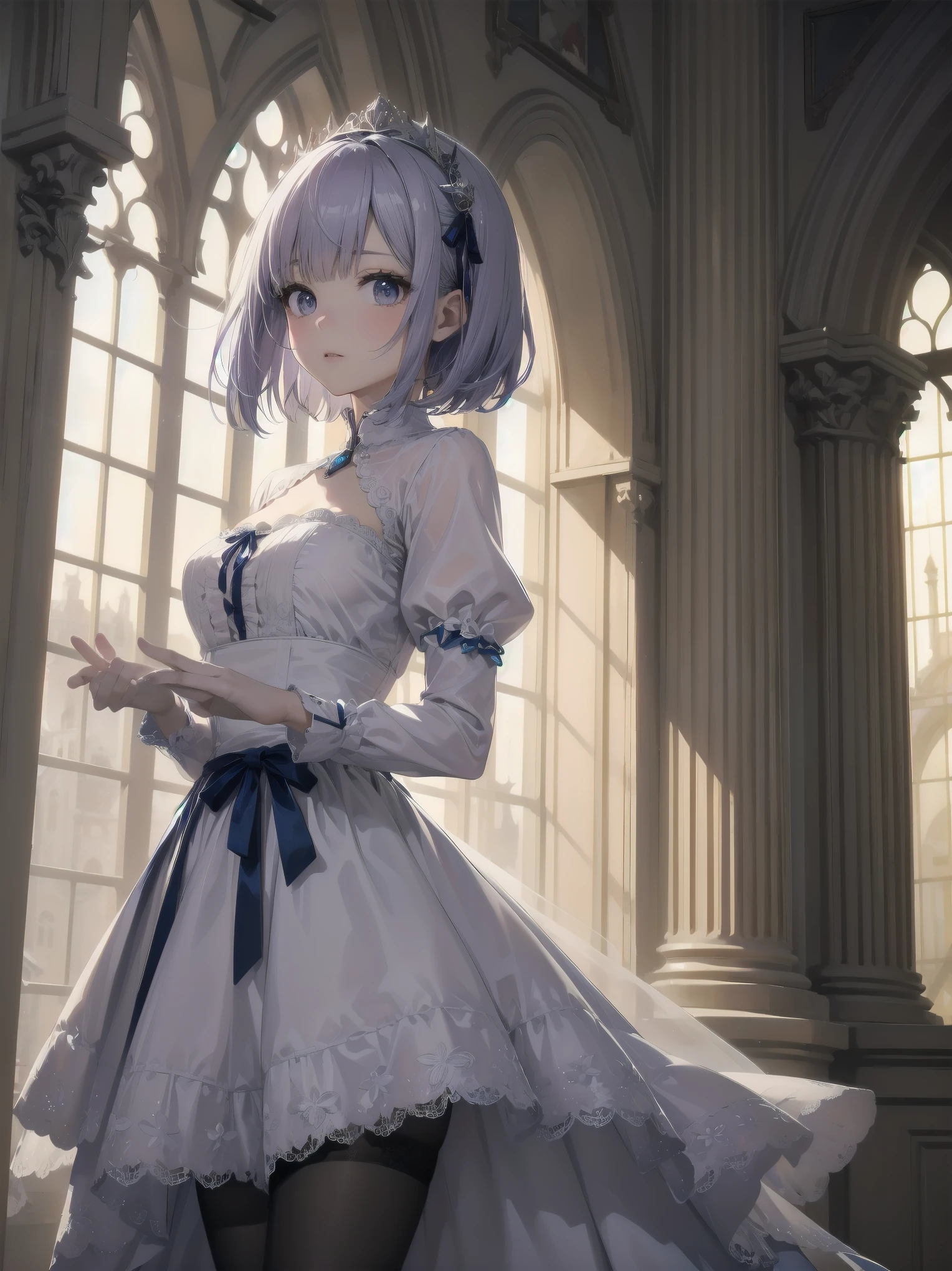 bride: wedding ring shining on ring finger Fusion of medieval European fashion Emphasis on elements of cuteness and adoration Posed illustration of the overwhelming cuteness of the character in the foreground Overwhelming architectural and cityscape background Ultra-detailed, rich, contemporary interpretation of medieval Europe and fantasy world Realistic textures, Professional artistic shading and light sources, scene-like cinematography and effects, depth of subject One beautiful girl, super cute, bob cut, side ponytail, perfect anatomy
Colours: pastel, white, pale purple, blue, gingham check
Materials: chiffon, lace, satin, velvet, etc. Silhouette: fluffy skirt, A-line, long length
Decoration: frills, ribbons, lace, pearls, embroidery etc. Coordinates Romantic princess: pastel dress, lace blouse, fluffy skirt, ribbon hair accessory, black tights Add accessories and accessories to personalise.
