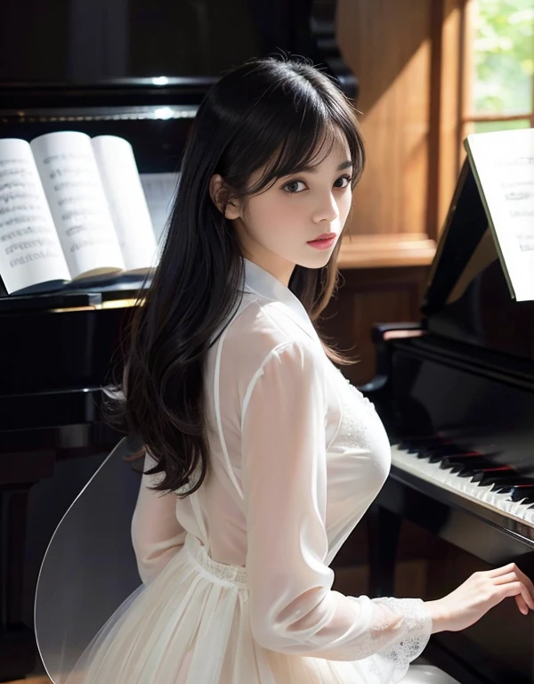 (1 girl)、best quality、masterpiece、ultra high resolution、(Photo realism:1.4)、original photo、(1 girl、Straight, black hair、Delicate hair details)、black piano、(breast、long sleeve、White tulle、portrait)、shadow、octane rendering、8K、Super sharp、(silk pajamas、Delicate silk details)、(fingers playing the piano、Very intricate finger details)、realistic light、(Practice room、shining eyes、towards the piano)、小LED、(Play the piano with both hands while facing the piano sideways.Delicate finger details)