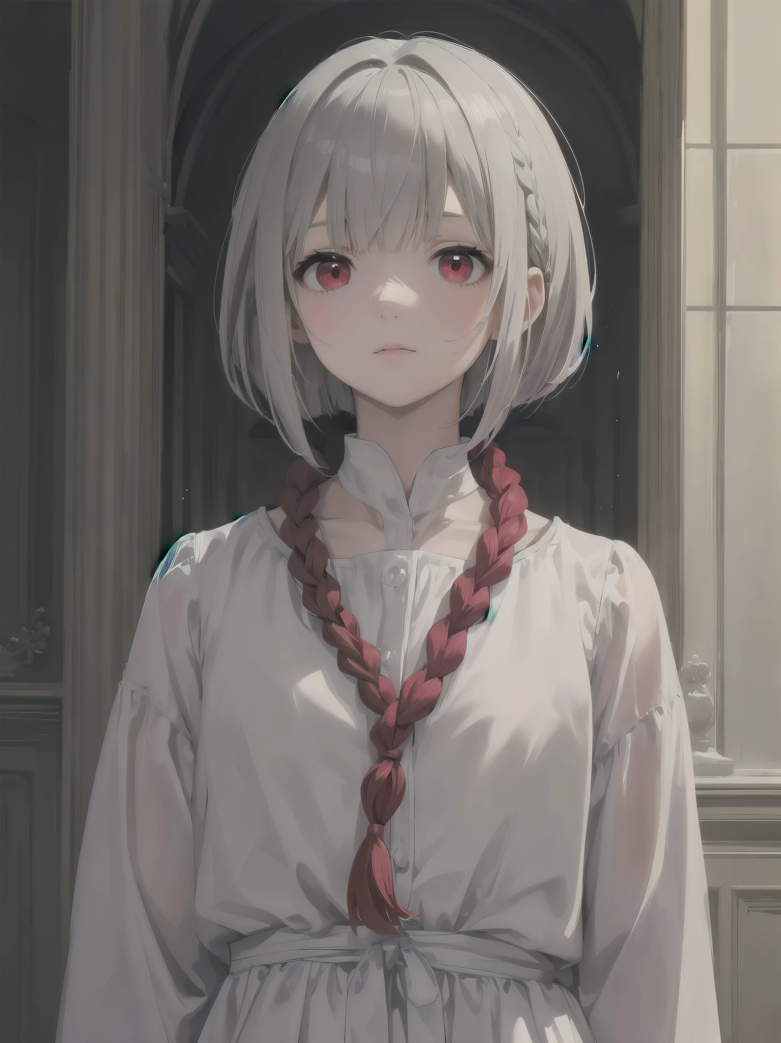 highest quality, masterpiece,gray hair, red eyes,white clothes, look up, Upper body,Fair skin,One-length bob cut with braided braids、cute