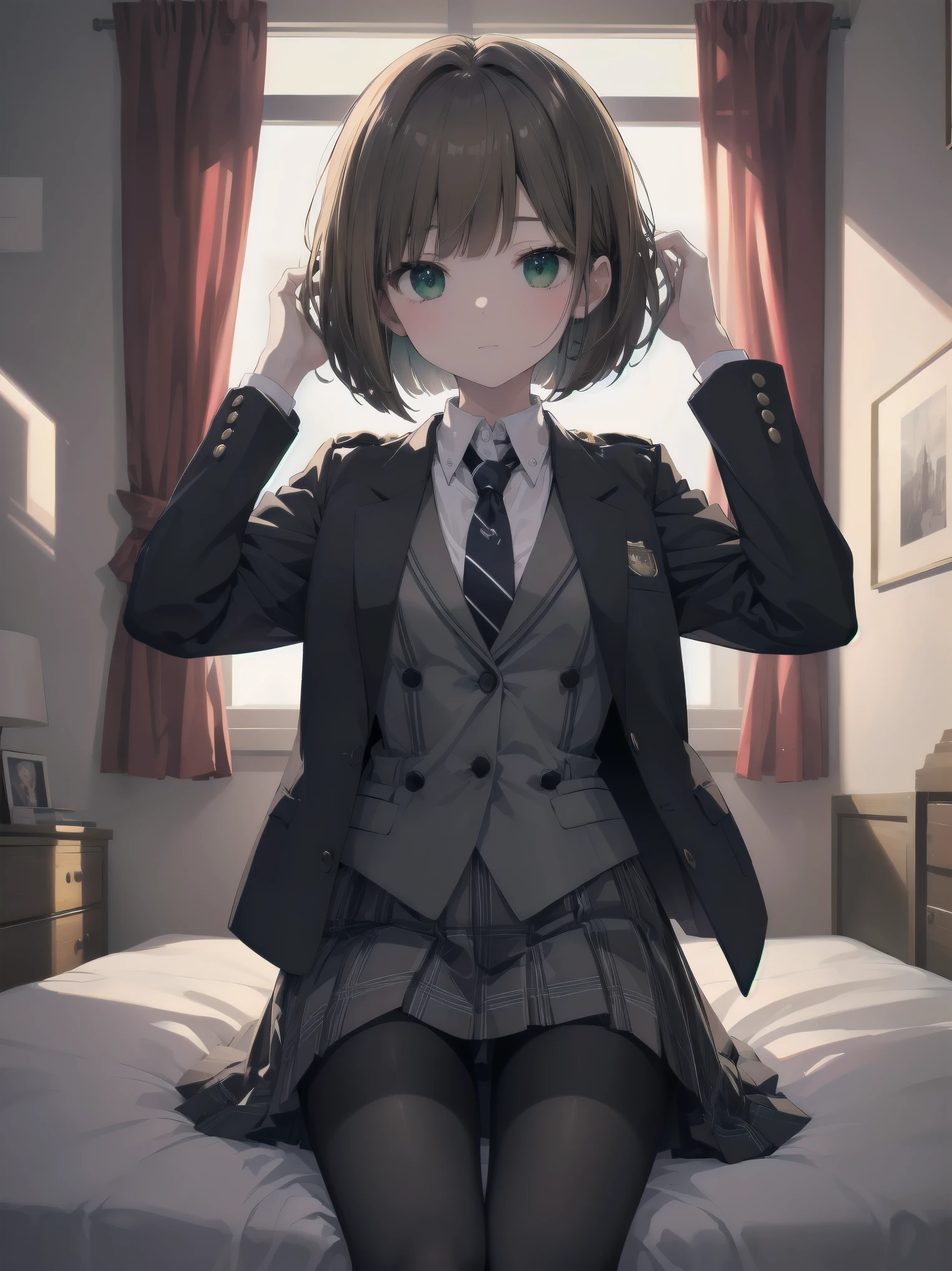 Top-High quality、Highest image quality、masterpiece、high contrast、Vulgarity、high school girl、on the bed、brown hair、bob cut、uniform、(brown blazer)、ribbon tie、(Green and gray plaid skirt)、(black tights)、cinematic lighting、fine shading