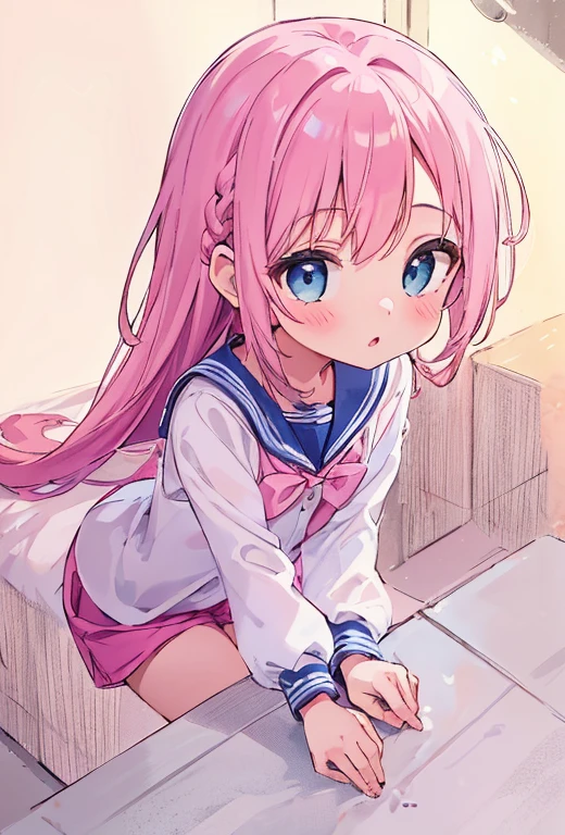beautiful illustrations, highest quality, ( girl:1.4)、(cute girl:1.5)、、flat chest、sailor collar、(White long tunic)、long sleeve sailor suit、Blue-line cuffs、(pink chino shorts:1.4)、(Pink shorts with wide openings:1.2)、Gap between thigh and pants、slim thighs、white socks、 cinematic lighting, (pink long hair)、pink straight hair、redness of cheeks、(Braiding of the back of the head)