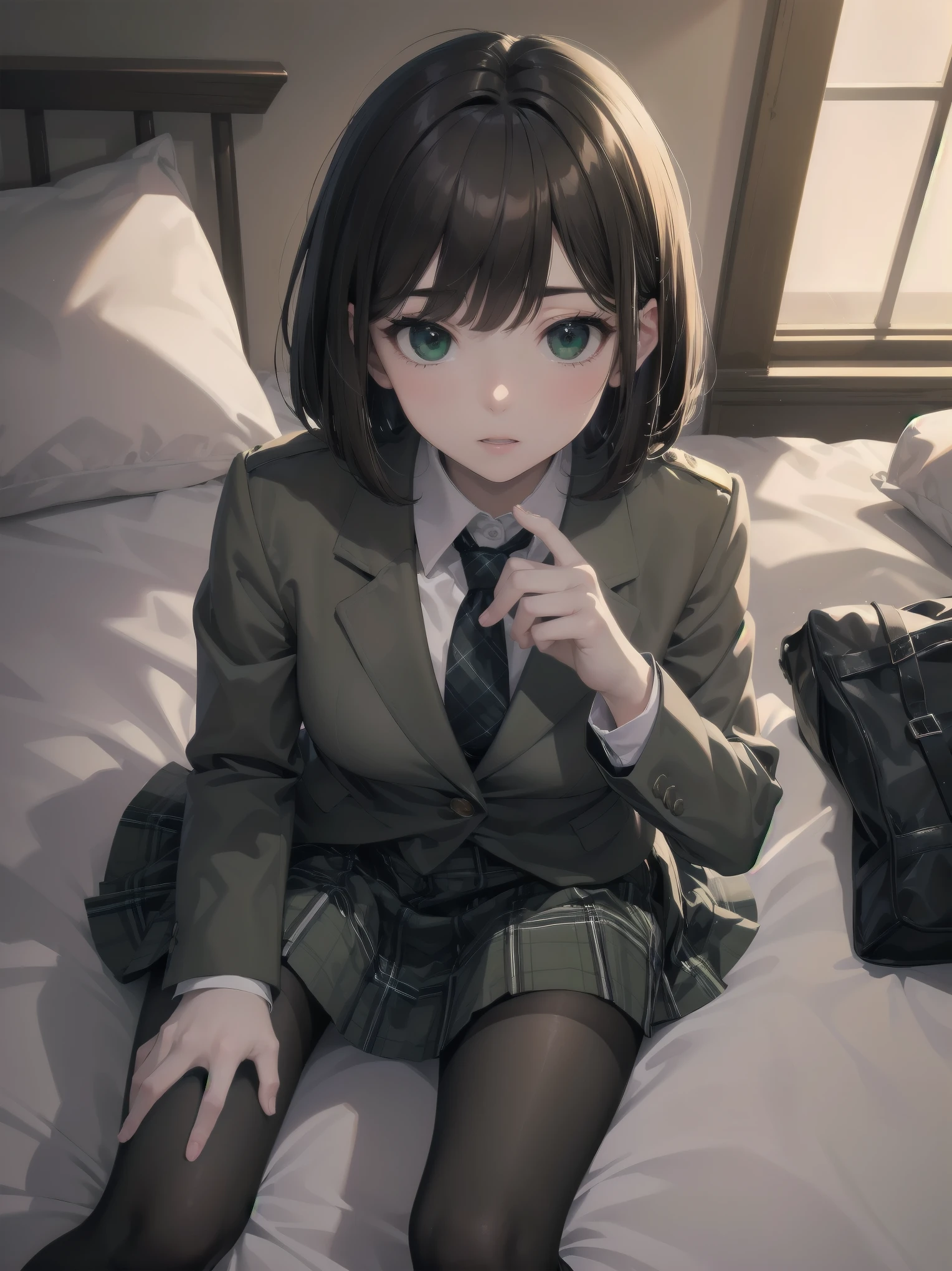Top-High quality、Highest image quality、masterpiece、high contrast、Vulgarity、high school girl、on the bed、brown hair、bob cut、uniform、(brown blazer)、ribbon tie、(Green and gray plaid skirt)、(black tights)、cinematic lighting、fine shading