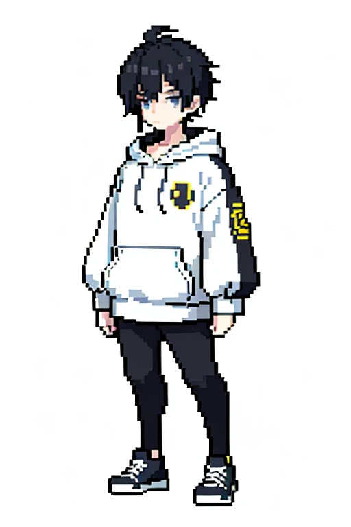 Pixel art style，8k，anime, boy, kpop hair, oversized hoodie, black and white scheme