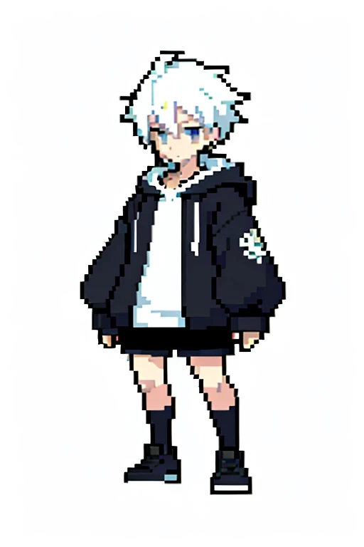 Pixel art style,8k,anime, boy, kpop hair, oversized hoodie, black and white scheme
