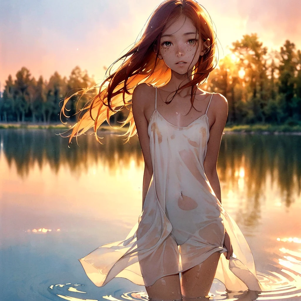 Exquisite (slim (skinny)) Girl (with a perfect, very beautiful gentle face and almond-shaped eyes) (with a southern skin tone and soft lips) (with red hair) (with freckles) (costs (waist-deep in water)) ((nude)) with tender (small beautiful breasts) (with soft pink nipples) (Barefoot) In the middle of a big river (((in a light light summer short sundress)) on the naked body); ((Sunset Evening Amber Light)), ((caramel soft warm shades)); (Warm summer late evening), ((Warm sunset light)); draw ((in watercolor style)); ((very beautiful exquisite face)); (High image quality, High detail), ((discreet faded shades, pale expressionless colors, imitation of film photography, diffused soft light)); ((big alien eyes), skinny); ((delicate shades)), (sfumato)