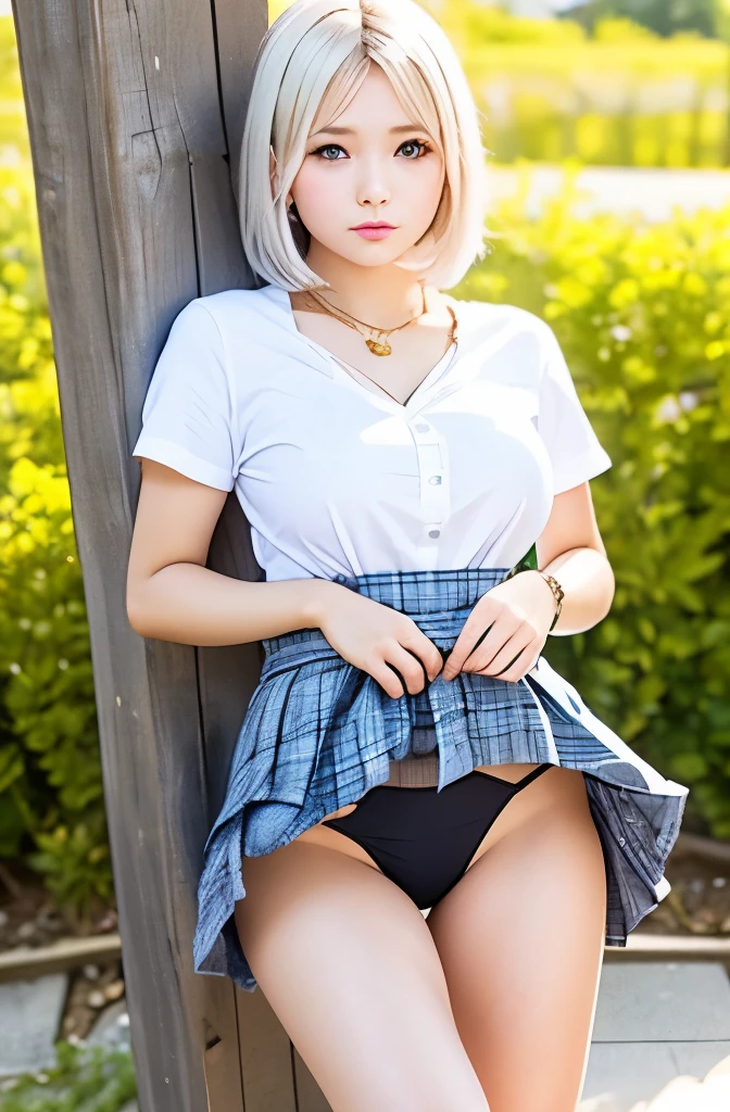 (NSFW:0.5),((skirt lift:1.3)),((Platinum Hair:1.15)),((panty shot:1.3)),Japan gal style makeup,gold necklace, gold bracelet, gold belt, {{Low-rise skirt with slit}}, plaid pleated skirt, {{{へそ length white shirt}}}, {{{{Shirt tied under the chest:1.3}}}}, socks, 1 girl,(highest quality,4k,8K,High resolution,masterpiece:1.2),1 beautiful woman,18-year-old,35mm lens,f/1,considerable breasts,soft sunlight,bright colors,playful expression