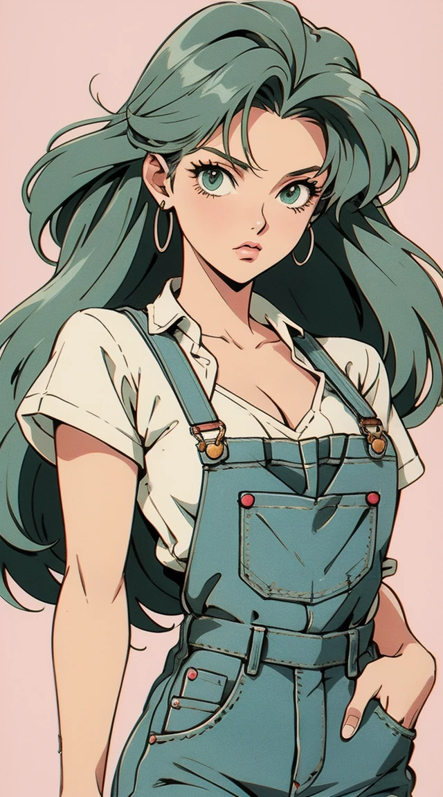 anime girl, 90s anime, vintage classic anime aesthetic, pink overalls, white shirt, short overalls, long green hair, cleavage, dinamic poses