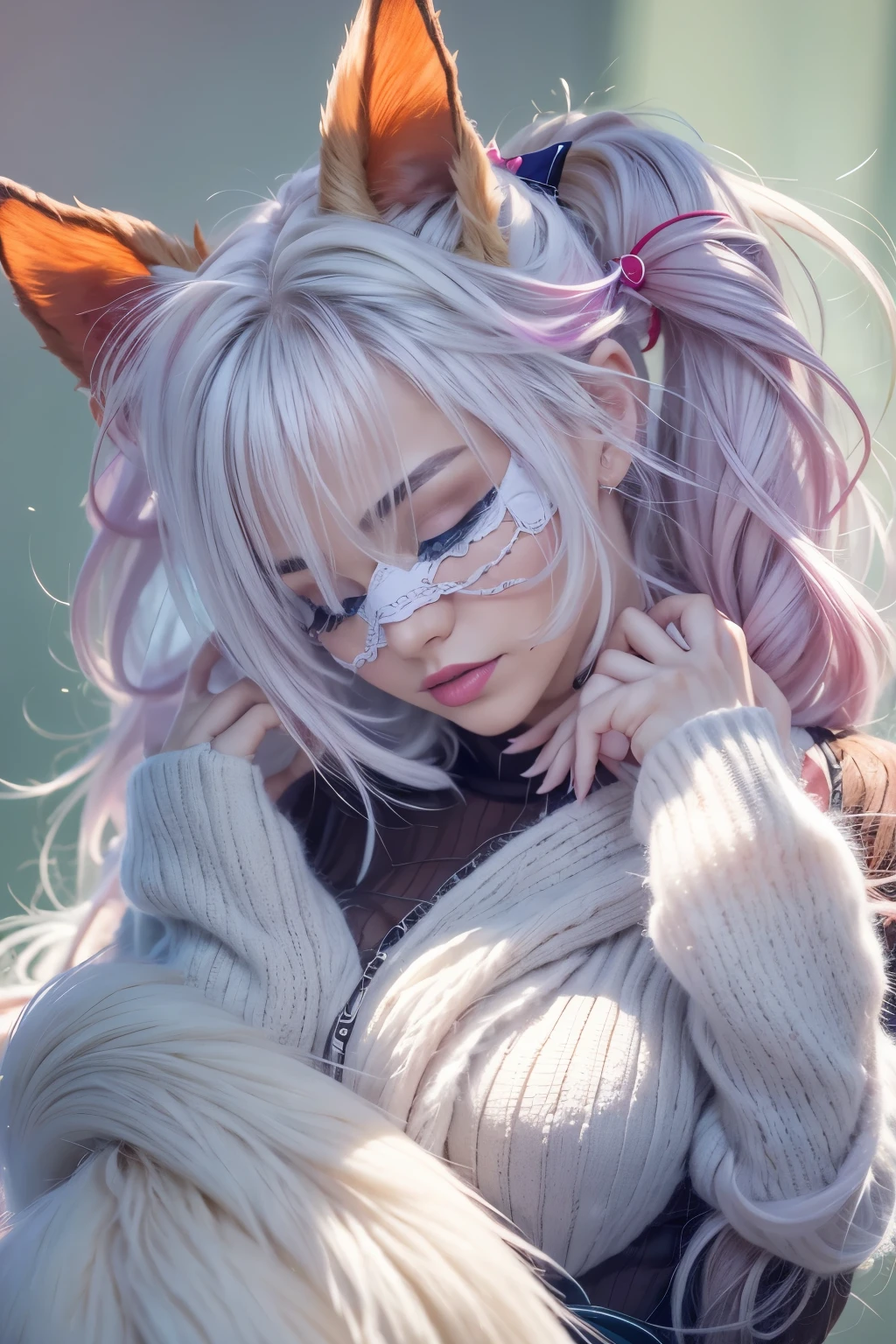 1girl, wlop, (blindfold), breasts, cleavage, cleavage cutout, dress cutout, green background, hair between eyes, headband, high resolution, juliet sleeves, long sleeves, nier (series), nier automata, fluffy sleeves, red lips, shadow face, short hair, solo, turtleneck sweater, upper body, l blue hair, sky, white fox ears, white fox tail, nine-tailed fox,