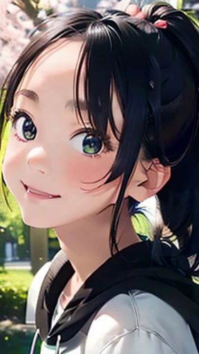 highest quality、realistic、Japanese、girl、zoom、look up、cute、Green eyes、ponytail、black hair、all back、Forehead is coming out、playground、long hoodie、long skirt、sneakers、stroll、Cherry blossom trees、joy、smilingly、face close up