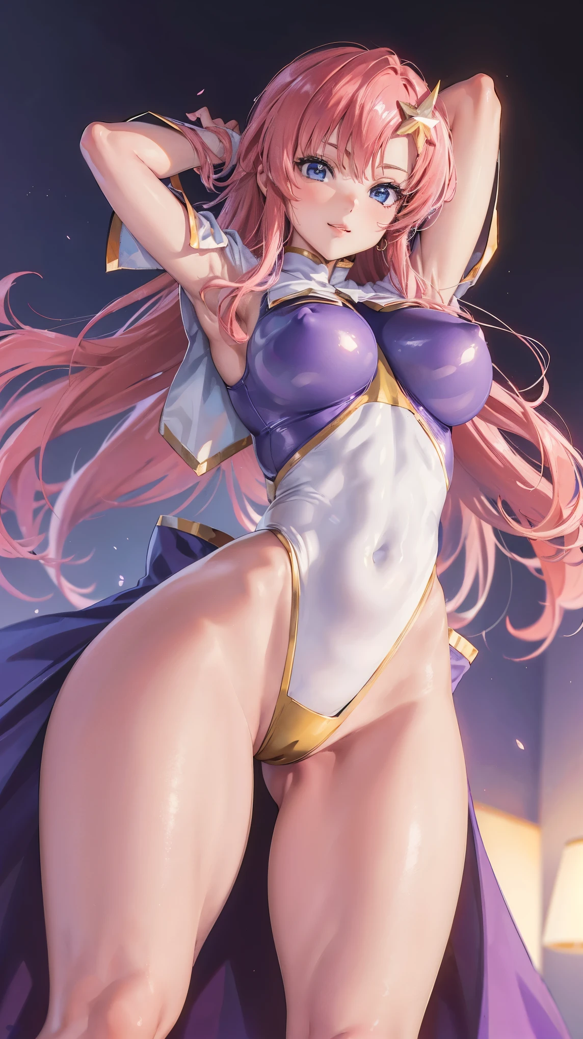 (masterpiece)、(Highest image quality)、(Super detailed)、(extremely detailed)、4K、(8K)、Highest image quality、(beautiful)、
more campbell, 1 girl, star hair ornaments, hair ornaments, pink hair, long hair, gloves, Leotard Purple leotard, white leotard, leotard that bites、super breasts、thick thighs、,light smile、dynamic angle、noise removal、hands behind head、emphasis on crotch、chest enhancement