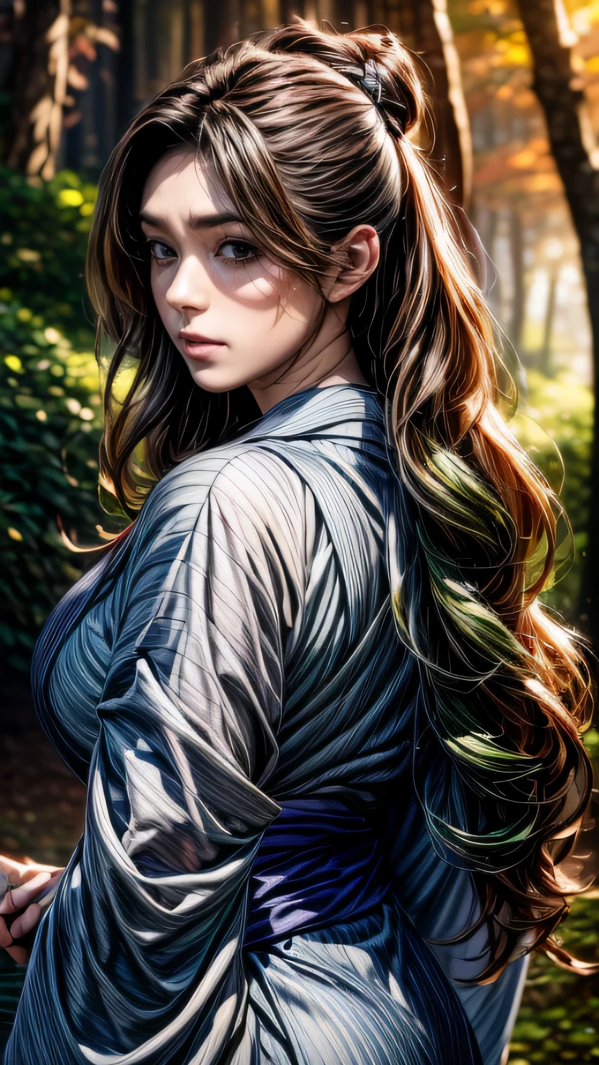 Photographed in a forest of autumn leaves、High resolution photos。Gorgeous young woman posing、Surrealistically drawn in Unity 8k。she is slender and curvaceous、Long curly hair flowing down her back、With detailed faces and eyes、It looks like it shines in the dark。(She is black・green・Wearing a white bell sleeve yukata)、1 girl, ((masterpiece、highest quality、Super fine、High resolution))、4K quality、((Beautiful woman))、22 years old、wet skin、shining eyes、perfect eyes、((Beautiful Nordic girl))、((long wavy hair))、Portrait、(((Wearing a bell sleeve yukata)))、masterpiece、highest quality、Super fine、High resolution))、4K quality、