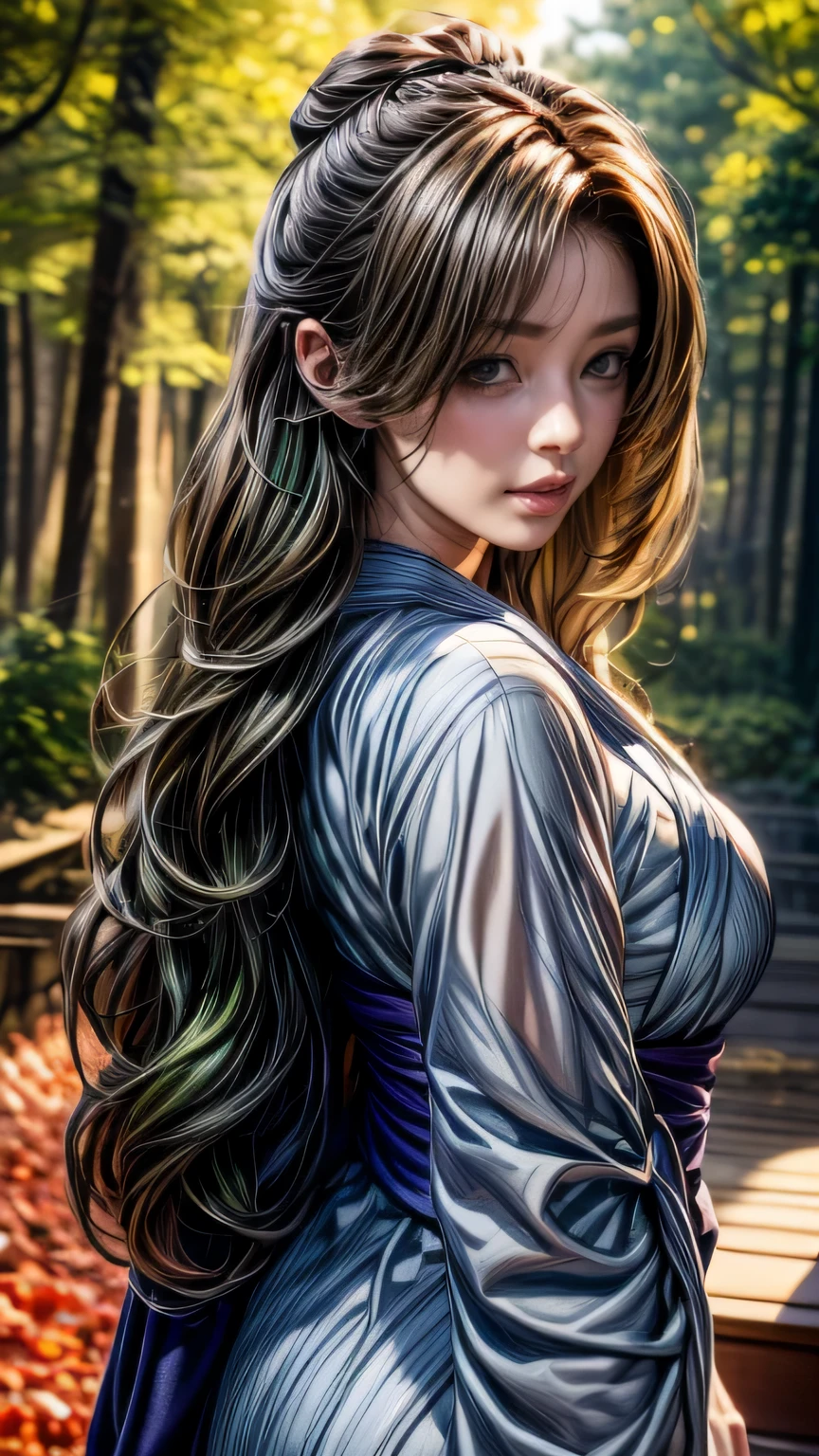 Photographed in a forest of autumn leaves、High resolution photos。Gorgeous young woman posing、Surrealistically drawn in Unity 8k。she is slender and curvaceous、Long curly hair flowing down her back、With detailed faces and eyes、It looks like it shines in the dark。(She is black・green・Wearing a white bell sleeve yukata)、1 girl, ((masterpiece、highest quality、Super fine、High resolution))、4K quality、((Beautiful woman))、22 years old、wet skin、shining eyes、perfect eyes、((Beautiful Nordic girl))、((long wavy hair))、Portrait、(((Wearing a bell sleeve yukata)))、masterpiece、highest quality、Super fine、High resolution))、4K quality、(((close up of face)))