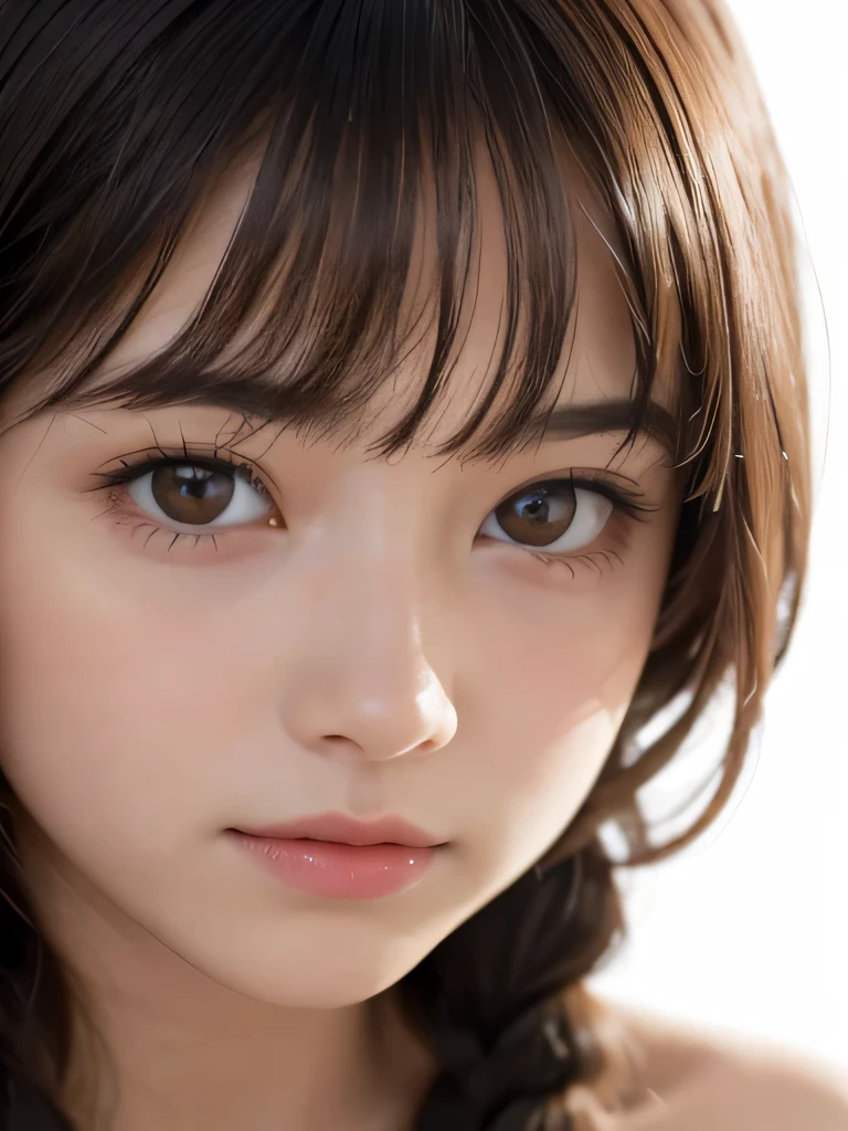 highest quality, realistic, 8K, High resolution, 1 girl, woman, (skin dents), (portrait:0.6), nice, ((white background, naked, small breasts:1.65)), (Long braided brown hair, parted bangs:1.4), looking at the viewer, (1 girl eyes looking at the viewer:1.6), realistic, (Bokeh), (closed mouth, smile:1.3), nice, face to face with the children_V1:1,