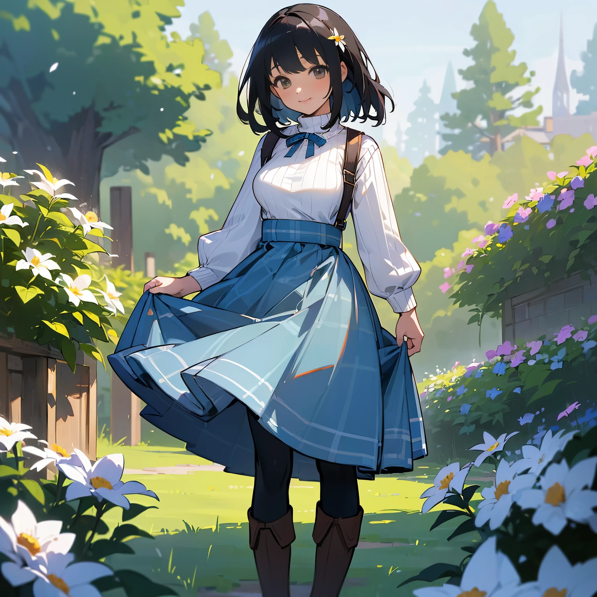 (high quality, High resolution, Super detailed, reality:1.37), peaceful atmosphere, (outdoor, garden ,flower), age girl standing alone, (my breasts are big.), Beautiful detail features, cute smile, (black bob hair), ribbed sweater, blue plaid skirt, black tights, brown boots.