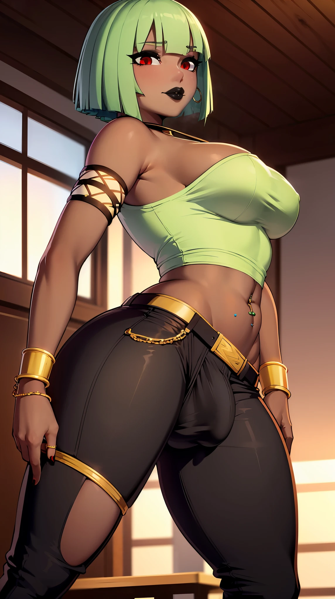 (solo:1.1),(masterpiece), (best quality:1.3), highly detailed, intricate, professional art, digital art, absurdres, confidant, emerald sustrai, futanari emerald sustrai wearing a white and green top arm gloves and pants confidently posing indoors, (pants:1.6), 1girl, solo, (dark skin:1.4), green hair, bob hair, gold hoop earrings, gold jewellery, ab lines,(gold navel piercing:1.1), detailed stomach, red eye colour, dark skin, average breasts, (aroused:1.2), (futanari:1.1), (wide hips:1.4), (makeup 1:1), beestung lips, (black lipstick:1.3), penis bulge, panty straps riding hips, (crotch bulge:1.4), crotch bulge, testicle bulge , furniture, side angled view, bubble butt, protruding butt, perky ass, large ass, gluteal crease, universal lighting