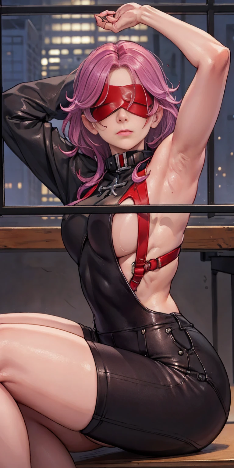 masterpiece, extremely detailed, (fractal art: 1.3), highest detailed, (1girl) (upper body Integra Hellsing cross bet blindfold) focus, upper body, HDR, ), vivid visual effects, (dynamic stripes, luminous traces: 1.2), abs, muscular, ass, ass focus. looking at viewer, sitting at a office table, office, dominant, annoyed expression, frustrated, sitting, huge breasts, boob window, big knockers, detailed face, perfect face, wearing overall jumpsuit, overall jumpsuit showing shaved armpits