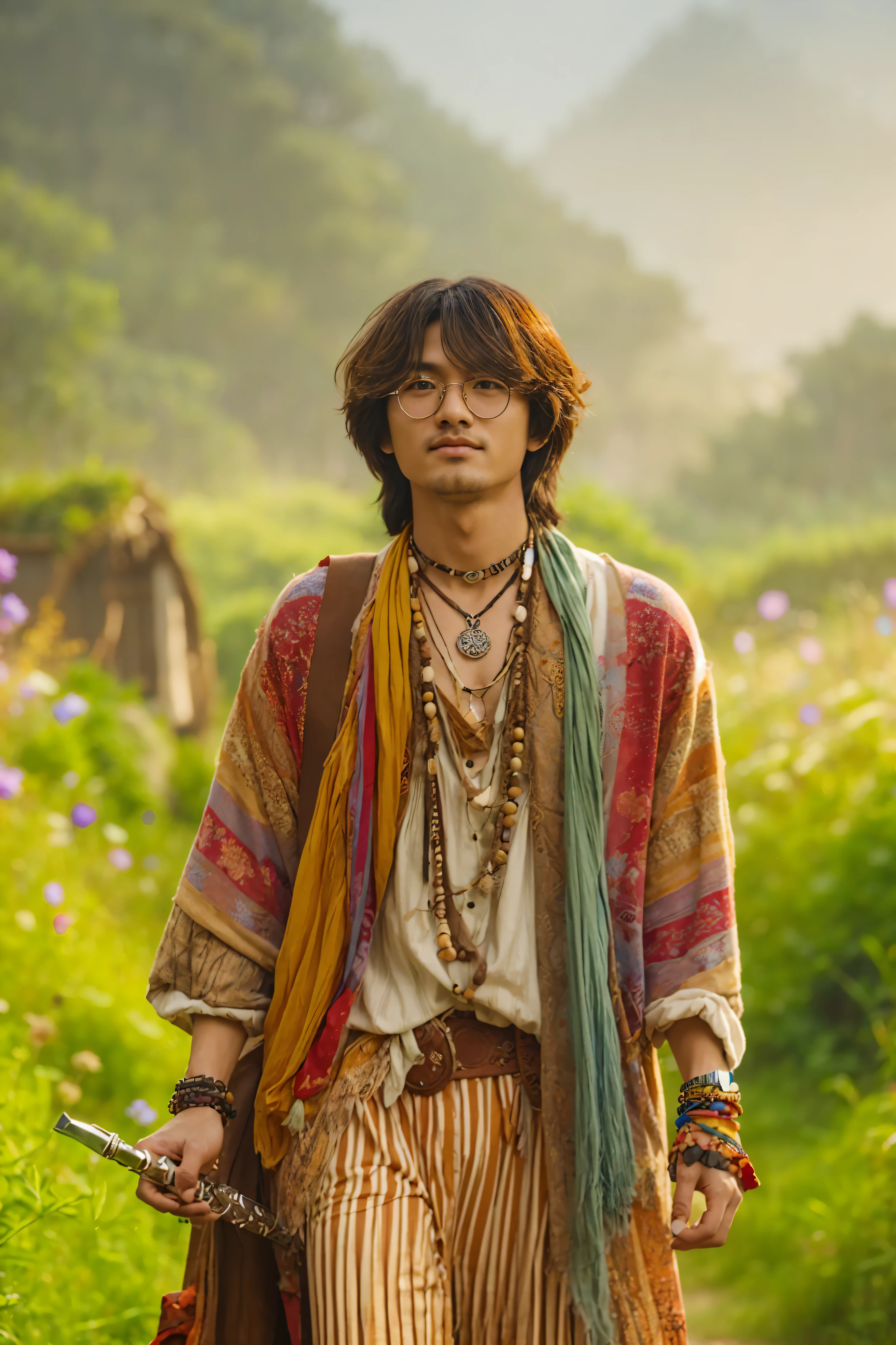 arafed man with a colorful scarf and a knife in a field, japanese live-action movie, boho chic | | very anime!!!, steven jung, still from a live action movie, jinyoung shin, handsome prince of persia, cottagecore hippie, portrait shot, from kenshin, movie still 8 k, 8k artgerm bokeh