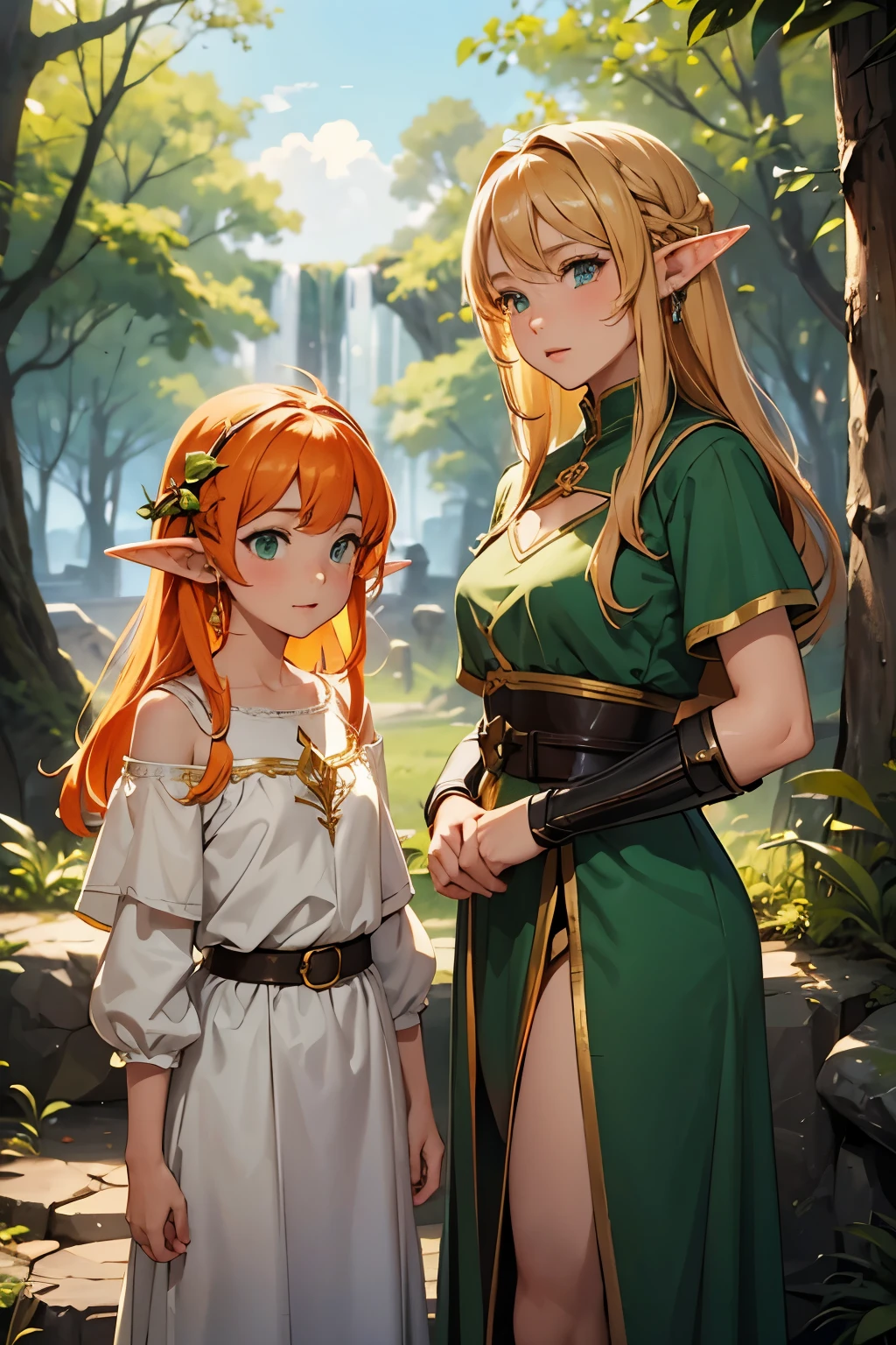 (masterpiece), best quality, expressive eyes, perfect face, two adventurer girls, ( 1 girl, elf ears, blond hair, green eyes, green dress, jewelry, magic user), ( 2 girl, elf ears, orange hair, brown eyes, leather armor, fighter) , magical forest background