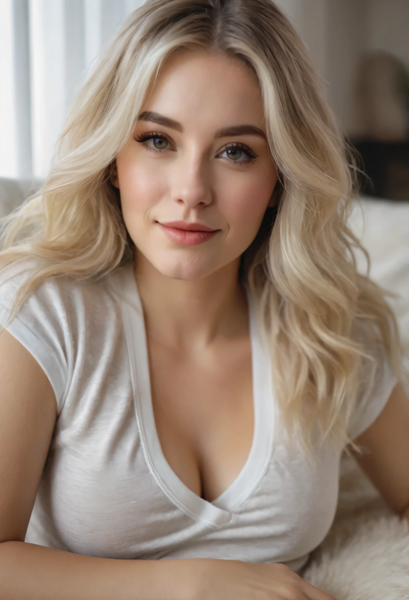 Raw photo, solo female, american, best quality, high resolution, photorealistic, hyper detailed, beautiful woman with (long brushed silky blonde hair:1.2), taken (webcam photo angle:1.2,), ((wearing complete top and bottom casual loungewear:1.2)) comfy clothing, polar bear patterned graphic, (interior cozy suburban home, (afternoon)), (comfortable), lovely sweet woman, dimples, ultra high res, RAW, relaxed arms, (hands are not in her lap), open, inviting gestures, hands on pillow, warm and pleasant, posting from home living room, snuggling inside, feeling lazy girl, intimate POV, (she's close to webcamera:1.3))、a beautiful woman (High detailed skin:1.2), detailed eyes, stunning eyelash details, perfect hazel pupils, ((video call)), ASMR raw photo, (blushing:1.7,slight smile ), Leica camera quality, Digital SLR, Soft lighting, High quality, FujifilmXT3, afteroon sun、Taken inside her home、Sit down close to her, skin peachfuzz and pore details, radiant、natural Golden blonde hair pulled back, A slight smile、american south Swedish, eye gazing with her, intimate relaxed style photoshoot