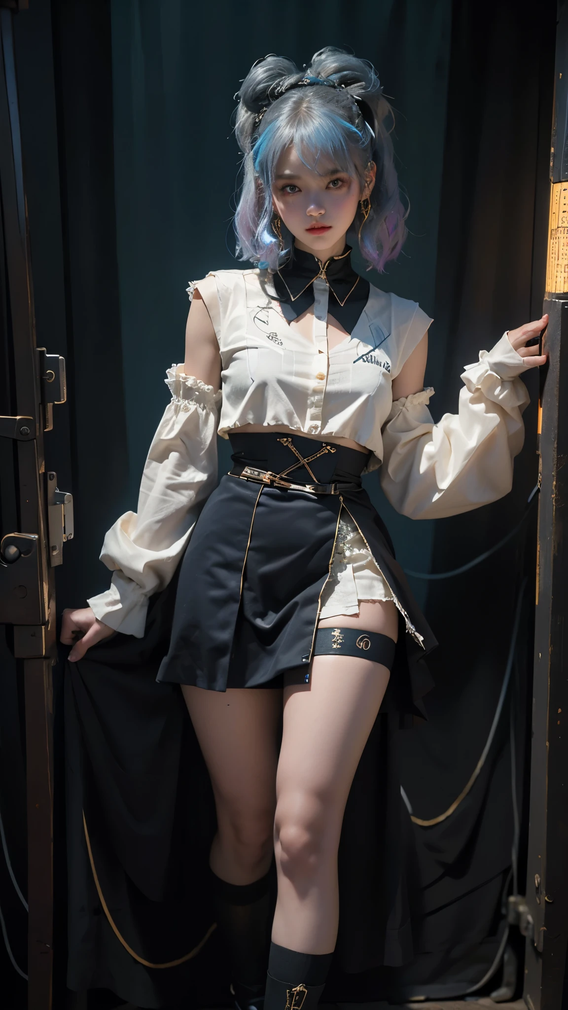 offcial art, Unity 8k wallpaper, Ultra detailed, Beautiful and aesthetic, Beautiful, Masterpiece, Best quality, 8K, Skin texture:1.4, tmasterpiece:1.4,Pose behind beauty，(Cyberpunk style Lolita costume in random colors)，(Focus on the knee)，The face is clear，