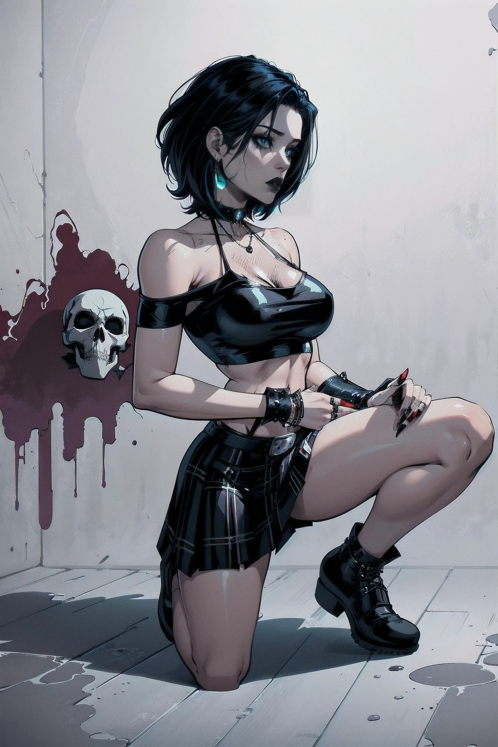 a woman with short black hair, hair on shoulders, wearing a black cropped and plaid skirt, blue eyes, zombie art, gothic art, cute aesthetic with vibe, toon aesthetic, wearing red costume, wearing gothic accessories, look like Cassie Hack, whole body, on his knees ,on his knees holding a skull in his hand, white background
